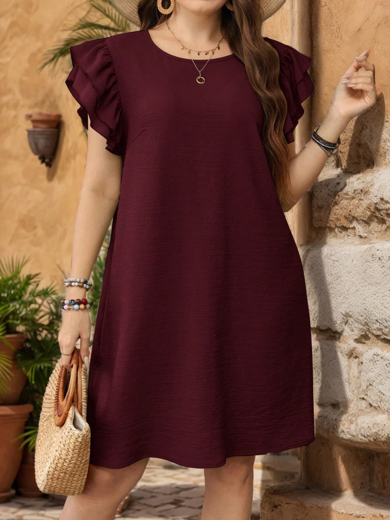 EMERY ROSE Plus Size Casual Solid Color Mini Cap Sleeve Dress Burgundy