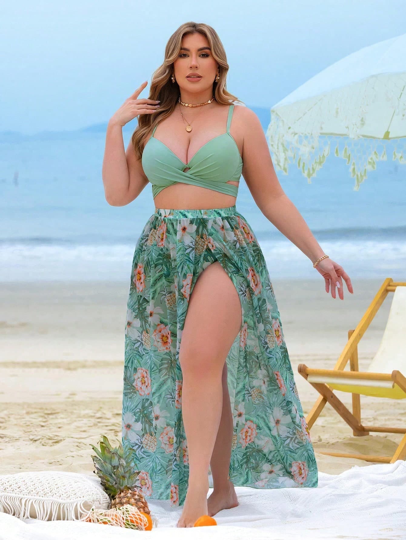 Swim Vcay Summer 3pcs Plus Size Women Holiday Beach Print Padded Push Up Bikini Set With Skirt