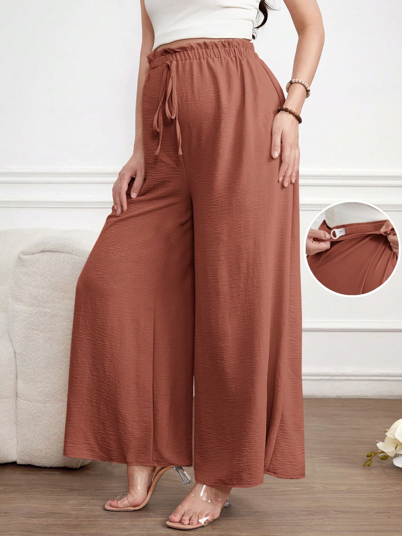 SHEIN Maternity Wide Leg Pants, Solid Simple Fashion Style, Suitable For Autumn Maternity Photoshoot