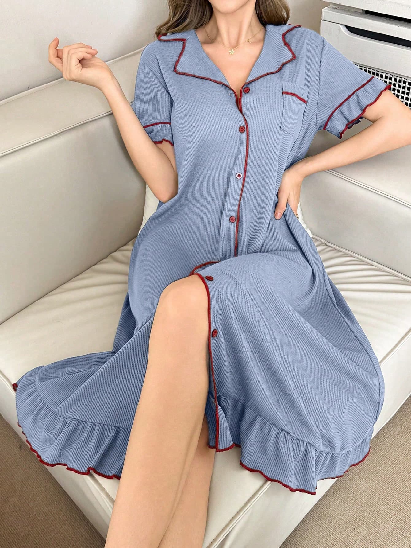 SHEIN Color-Block Turndown Collar Single-Breasted Women's Loose Casual Ruffle Hem Short Sleeve Dress Loungewear, Moo Moo