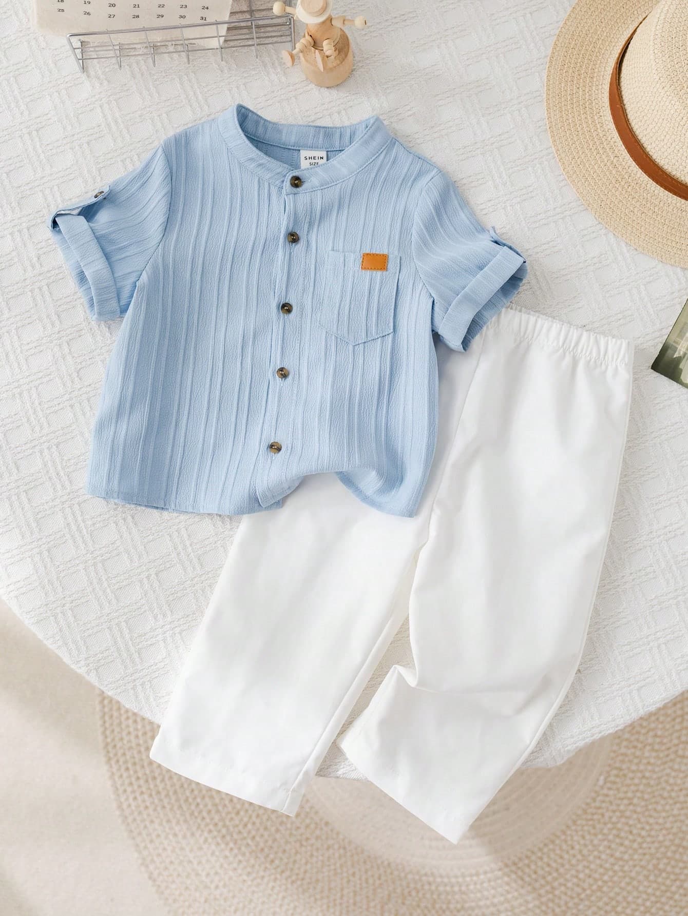 SHEIN LMoss Kids 2pcs Baby Boy/Girl Casual Vacation Cute Solid Color Simple Short Sleeve Shirt Top And Elastic Waist Solid Color Pants Outfit Set, Spring/Summer/Autumn
