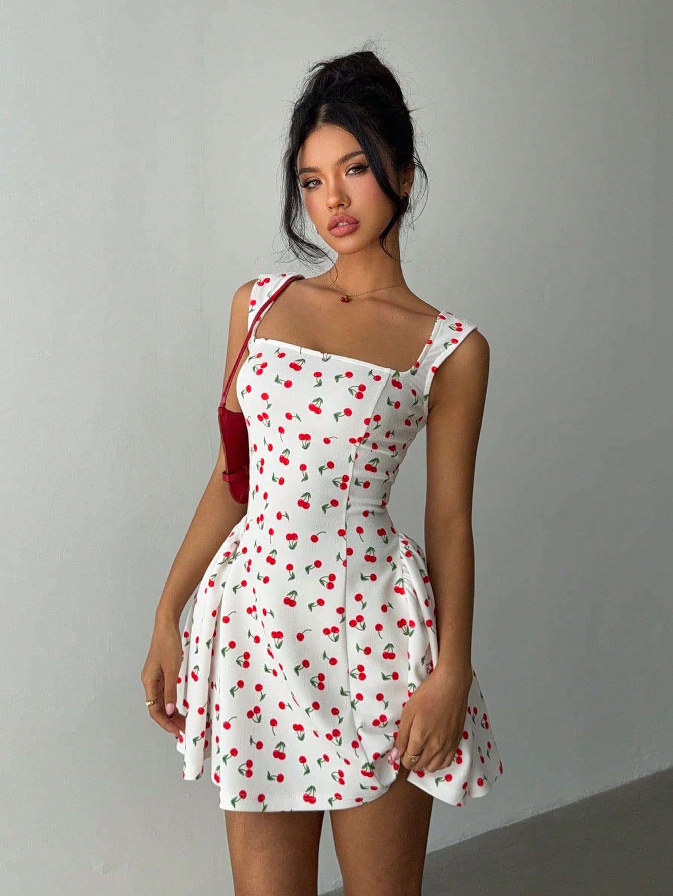 Aloruh Women's Sleeveless Square Neck Mini Dress,White And Red Red Cherry,Cute Summer Picnic Bohemian Beach Vacation,Stylish Prom Wedding Guest Dresses