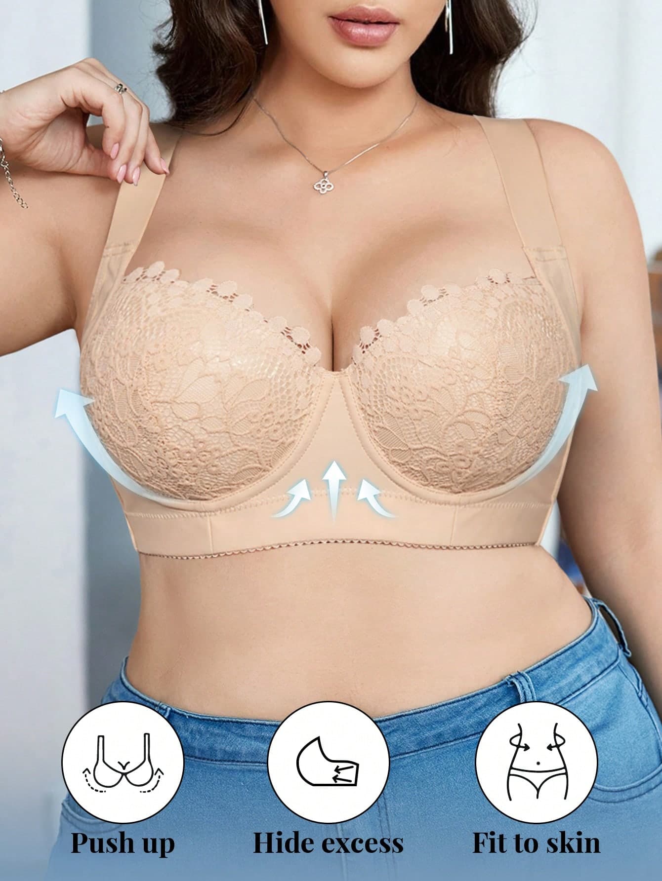 DesireSculpt 1pc Contrast Lace Plus Size Comfortable Wireless Lift And Supportive Full Coverage Everyday Bra Lingerie