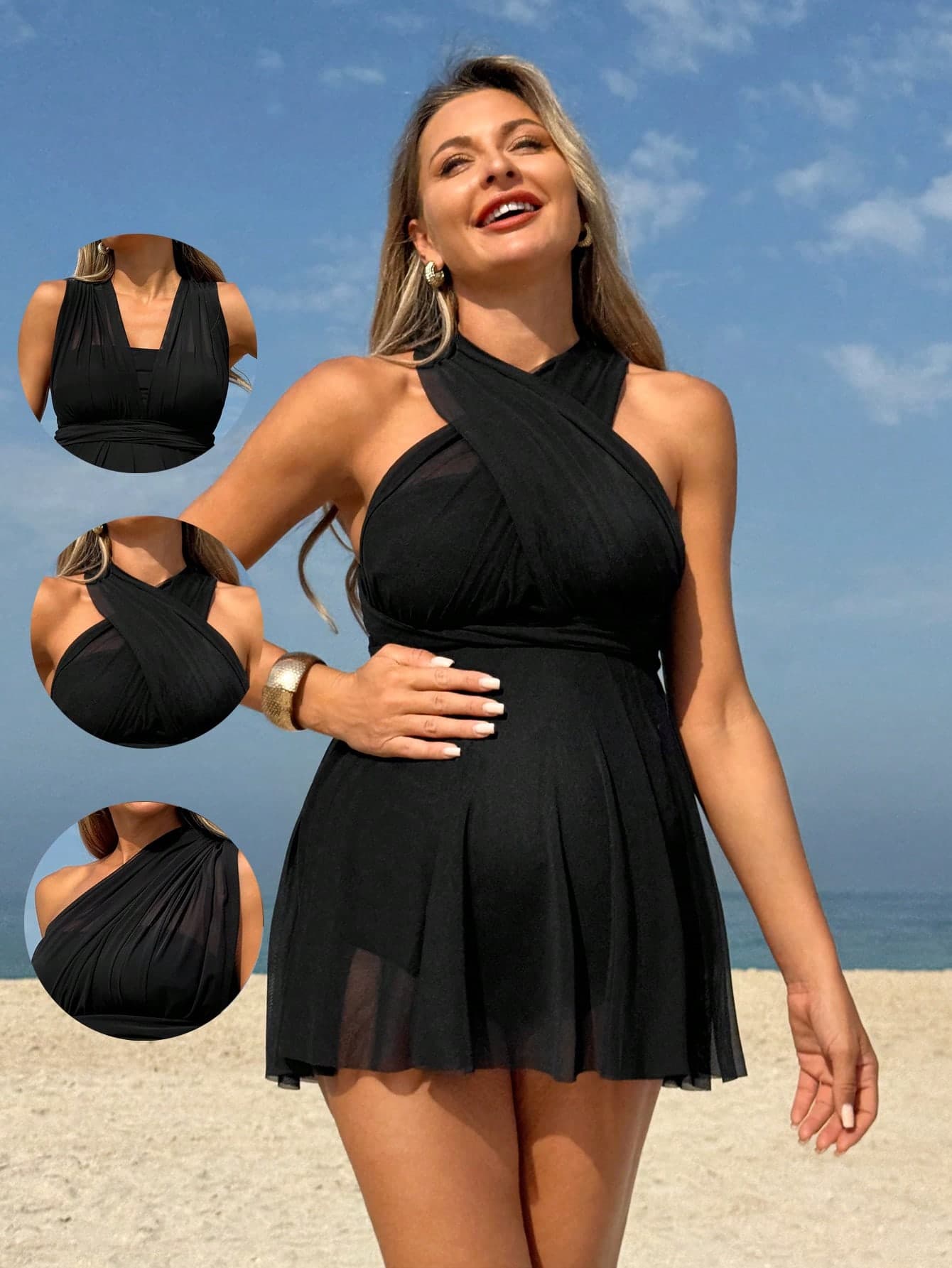 Momance Solid Color Crossover Halter One-Piece Swimsuit For Pregnant Women, Vacation & Beach For Summer