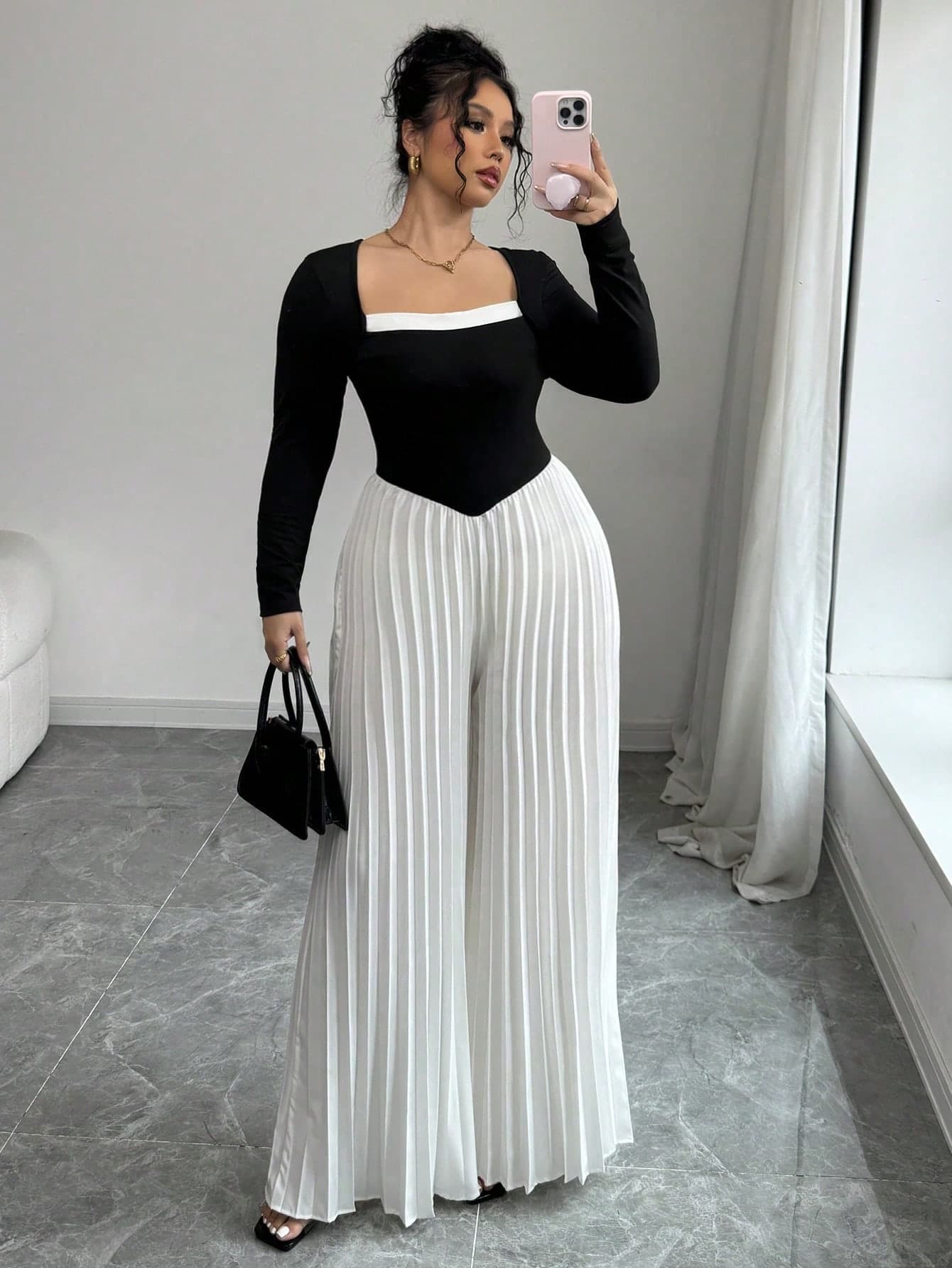 INAWLY Plus Size Solid Color Long Sleeve Square Neck Colorblock Jumpsuit Fall Cloth For Women