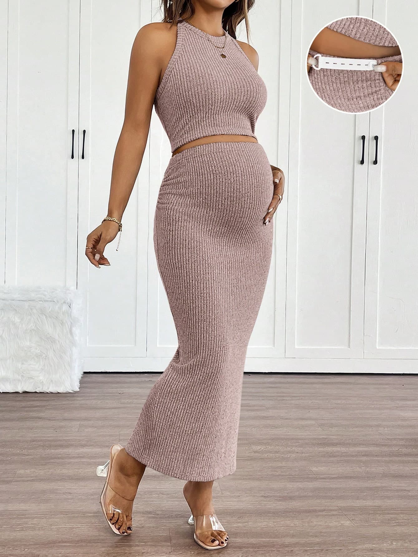 SHEIN 2 Pieces Set For Pregnant Women: Solid Color Round Neck Sleeveless Cropped Top & Adjustable Waist Skirt