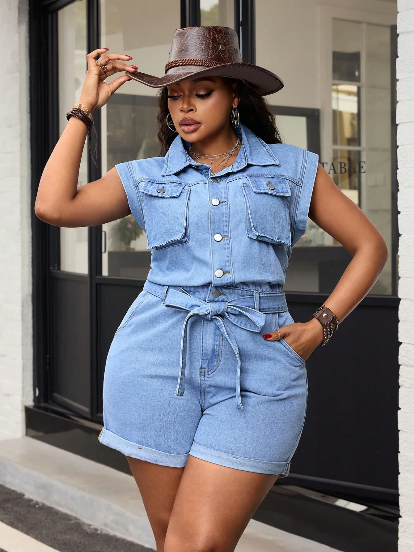 Slaydiva Plus Size Women Blue Denim Sleeveless Jumpsuit With Unique Design