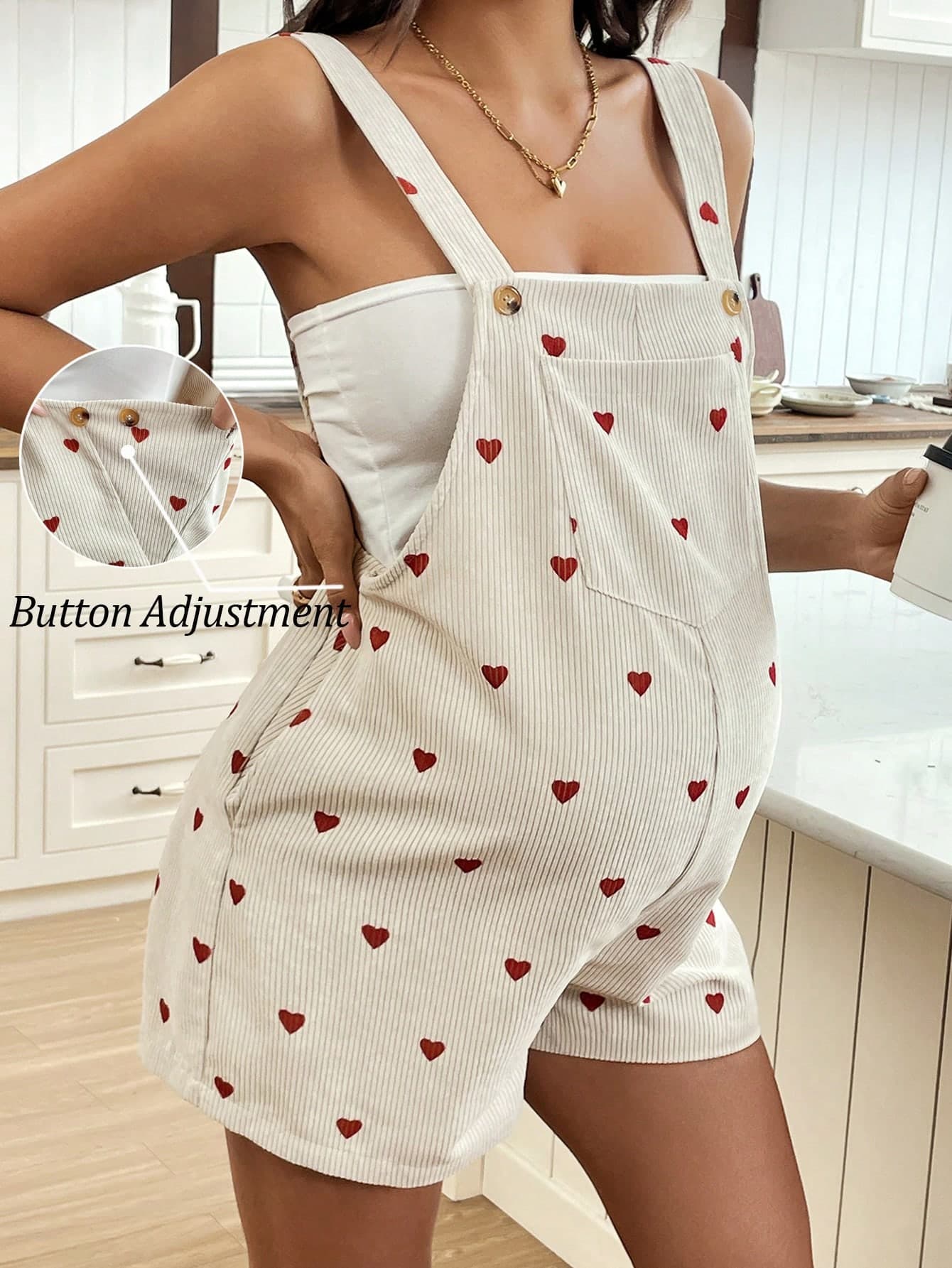 SHEIN Pregnant Women's Casual Jumpsuit With Wide Strap, Buttons And Pockets  Heart-Tied Pockets Jumpsuit, Cute Design Suitable For Summer