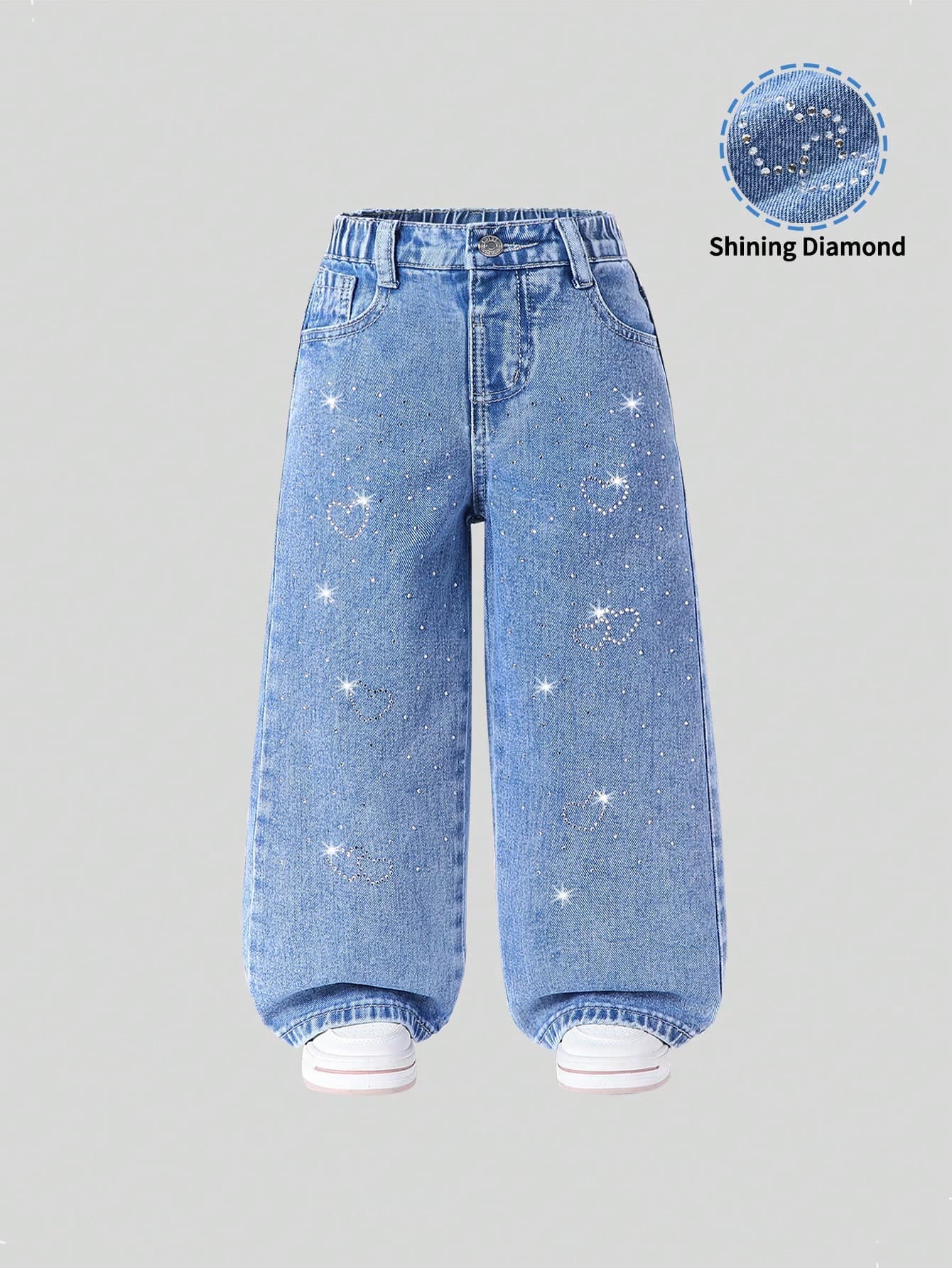 SHEIN Girls Vintage Chic Bling Heart Casual & Comfy Loose Fit Pink Denim Wide Leg Pants