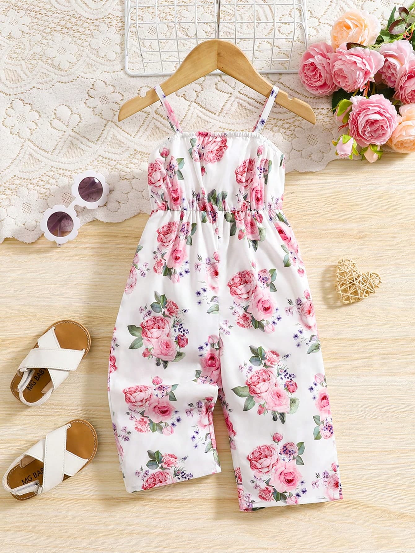 SHEIN Baby Girl Casual Fashion Floral Pattern Jumpsuit, Suitable For Summer