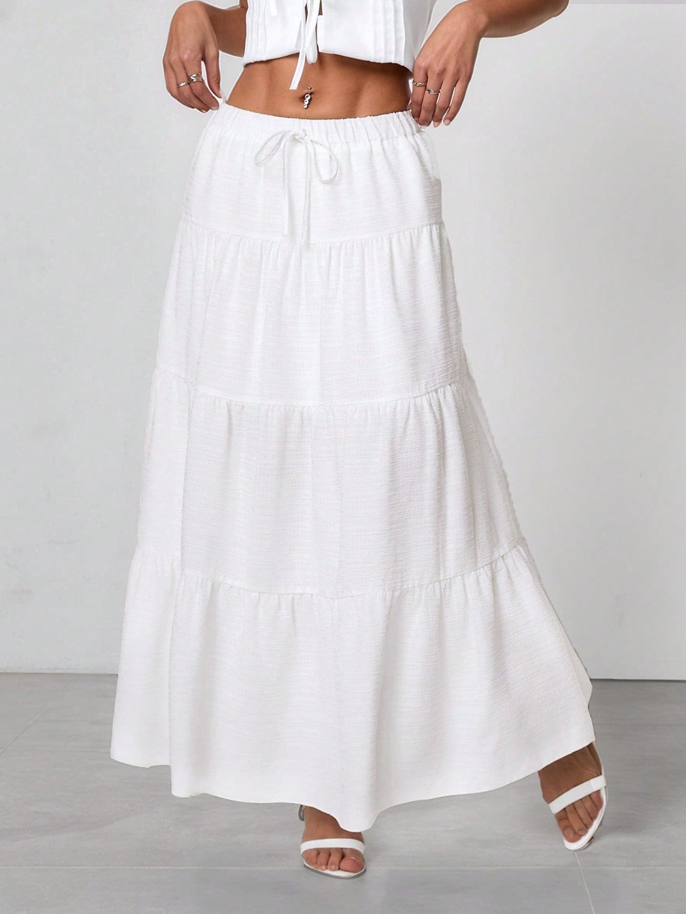 SHEIN PETITE Plain Color Casual Long Skirt White ,Petite Women