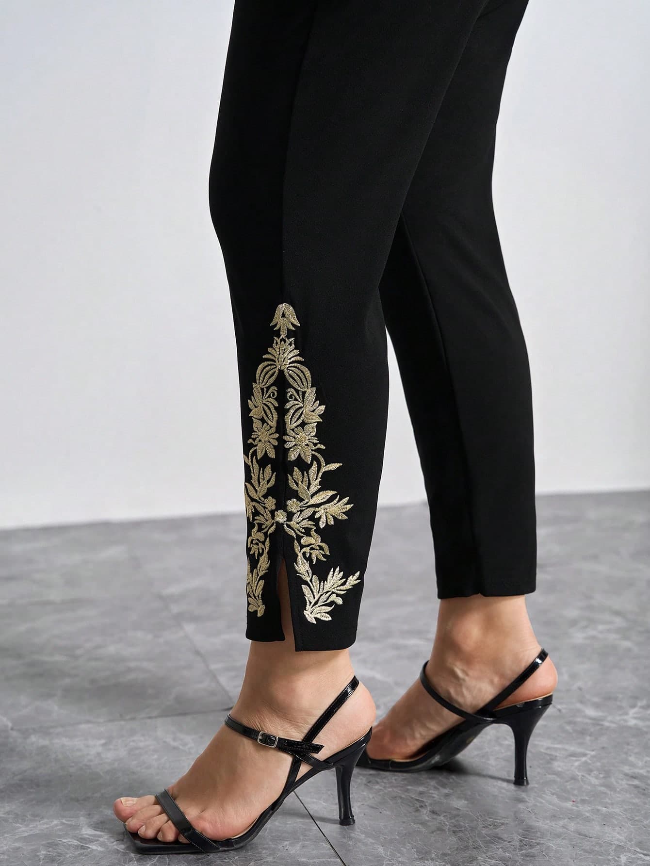 Chikora Plus Size Women Elegant Elastic Waist Floral Embroidered Side Slit Hem Cone Pants Fall