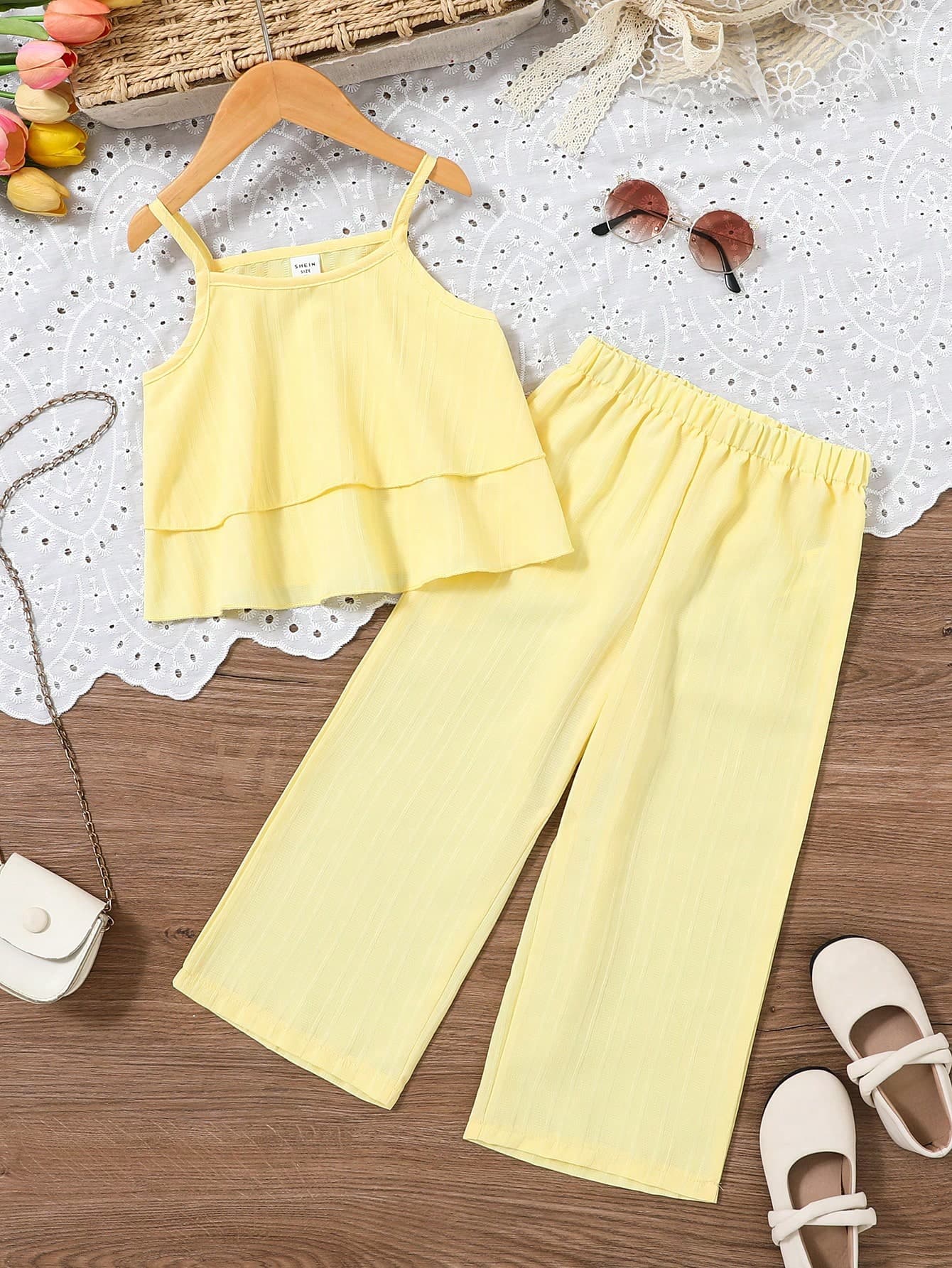SHEIN Elladie kids 2pcs/Set Young Girl Fashion Ruffle Strap Top And Long Pants Set, Comfortable For Summer Holiday