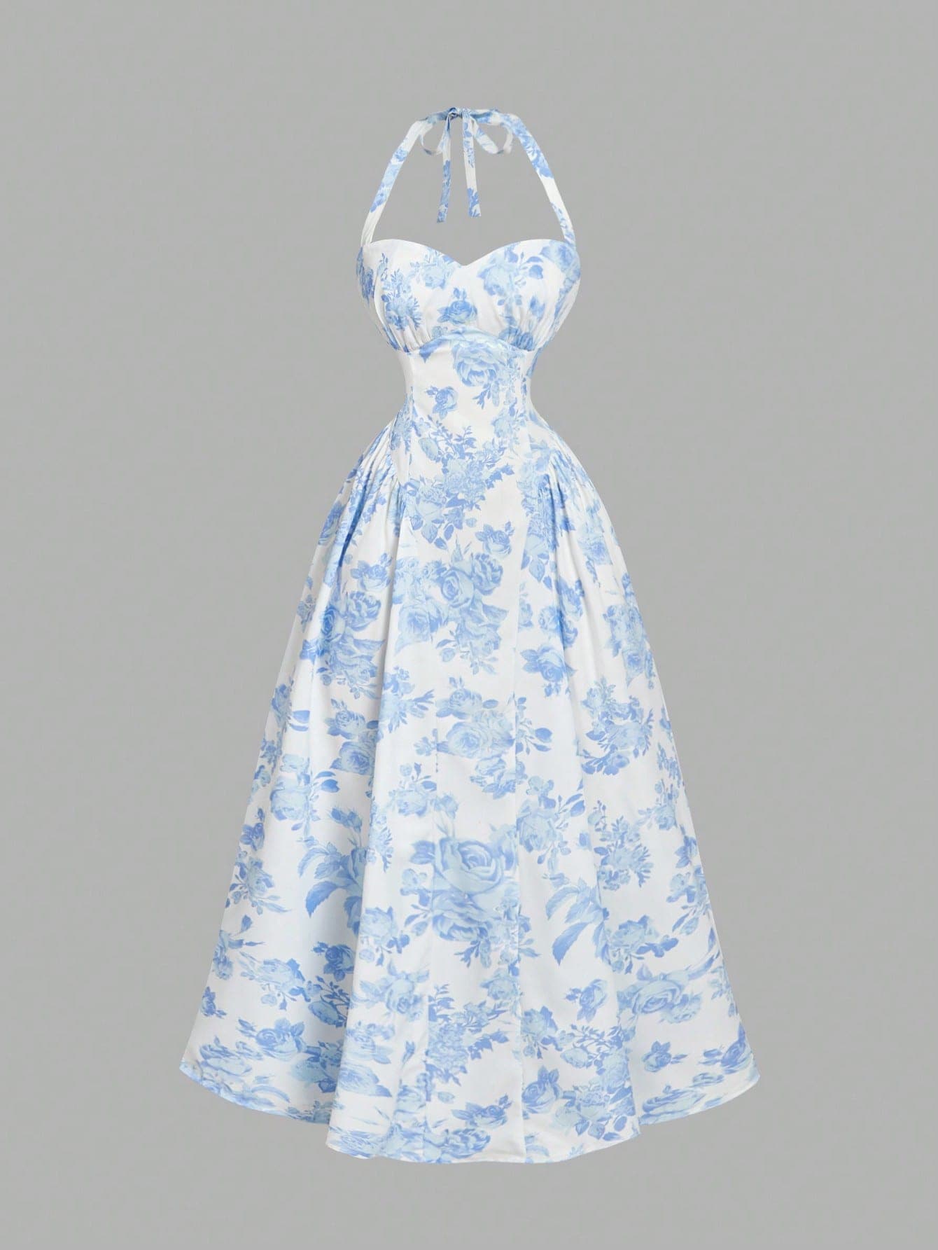SHEIN MOD Women's White And Blue Floral Halter Mid-Length Dress,Vintage Summer Holiday Vacation Outfits,Boho Western Style Wedding Guest Floral Dress,