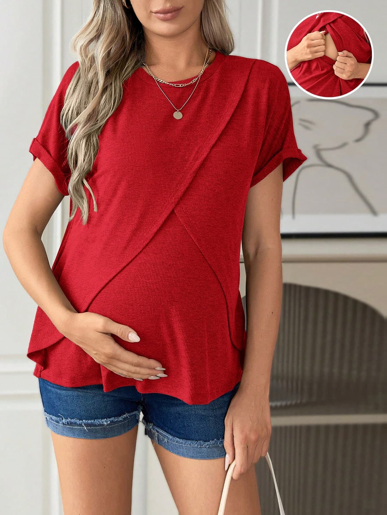 SHEIN Maternity Plain Color Round Neck Short Sleeve Nursing T-Shirt, Minimalist Fashion, Suitable For Summer World Cup