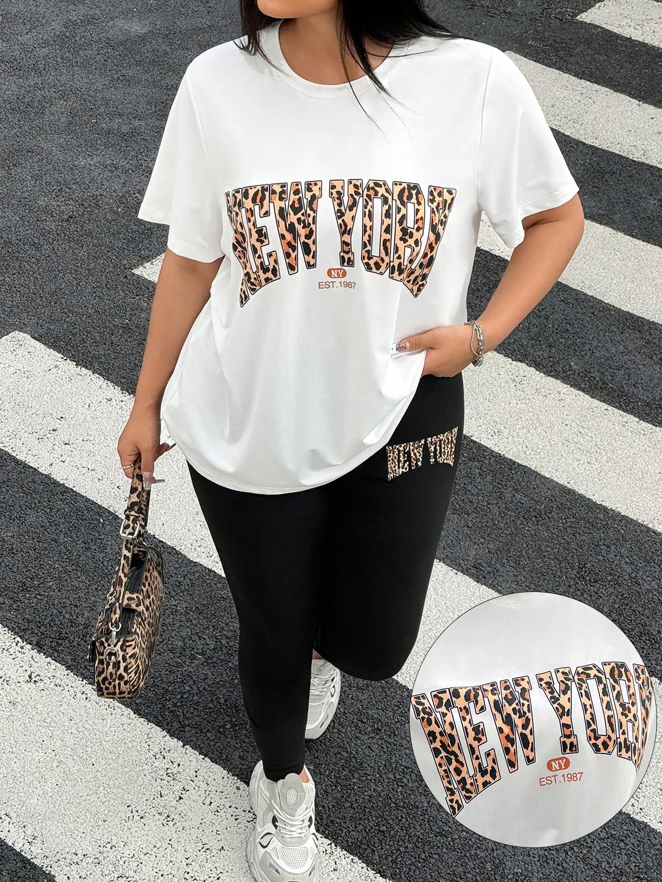 Muchica 2pcs/Set Plus Size White Leopard Print Letter Graphic T-Shirt And Leggings Set,Summer /Spring Women Outfit,Spring Break