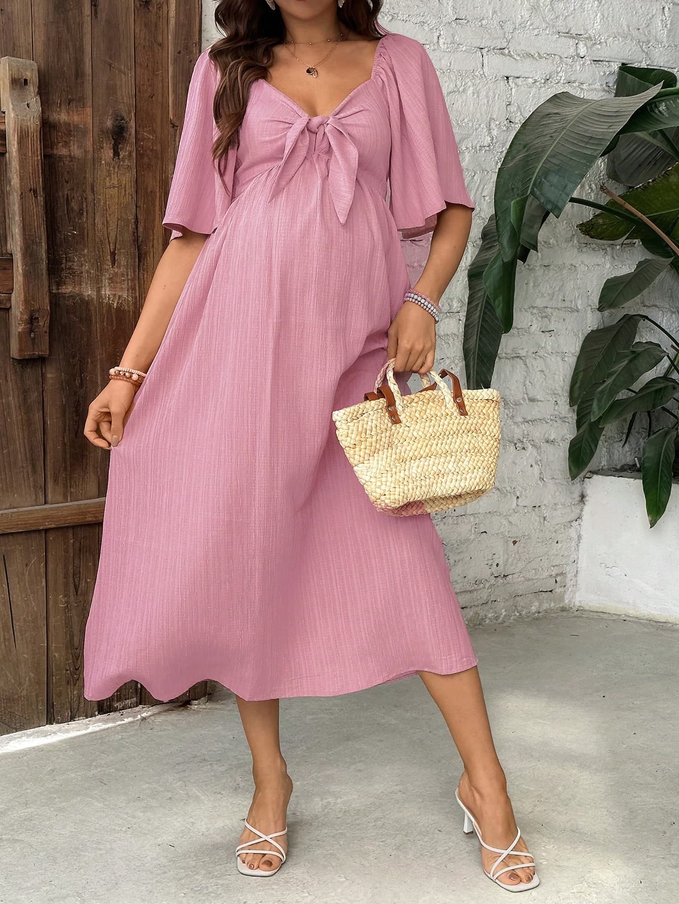 SHEIN Casual Maternity Midi Dress With Bow Front & Ruffle Sleeves