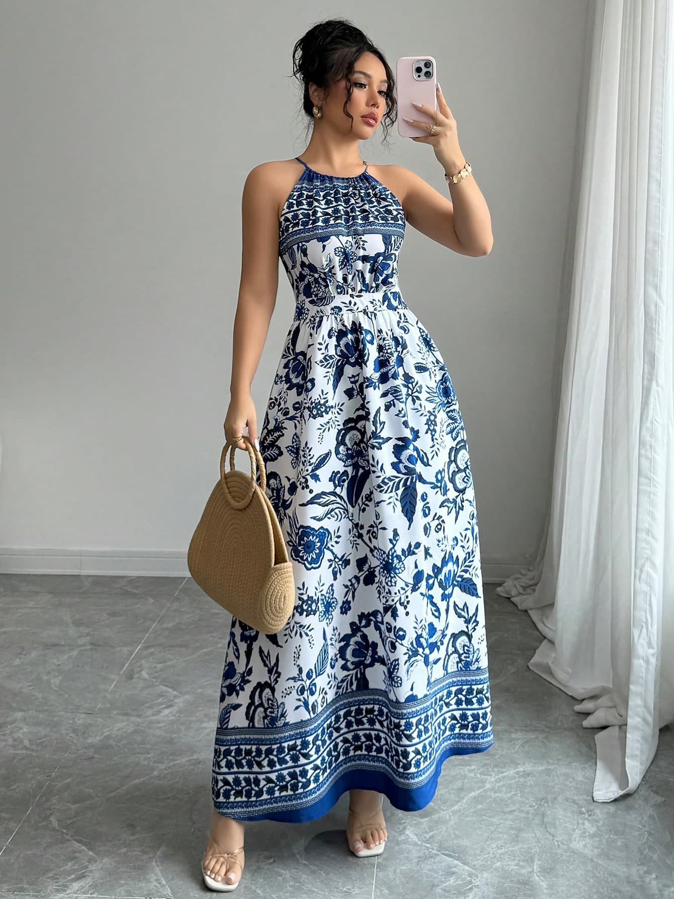 Elenzga Women's Elegant Fashion Charming Beach Resort Casual Vacation Sleeveless Halter Waist Cinched Floral Print Maxi Dress (Random Floral Print)