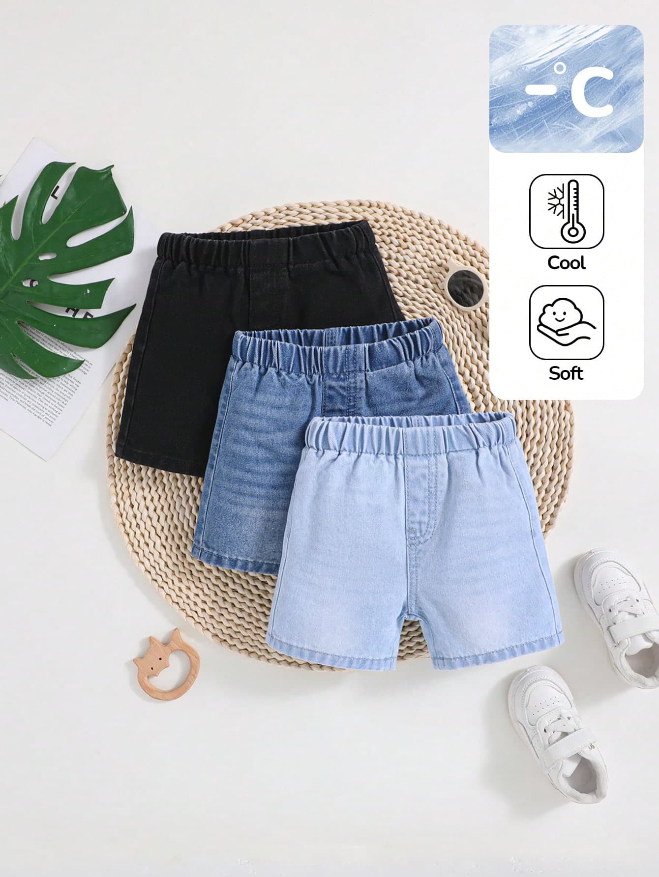 3pcs Baby Boys' Soft Washed Denim Shorts, Lightweight Fabric, Casual And Fashionable, Suitable For Spring And Summer Seasons