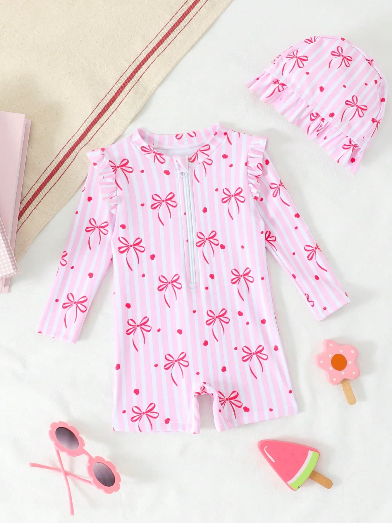 SHEIN Baby Girl Pink Striped One Piece Swimsuit With Shorts & Hat, Adorable Bow Decor