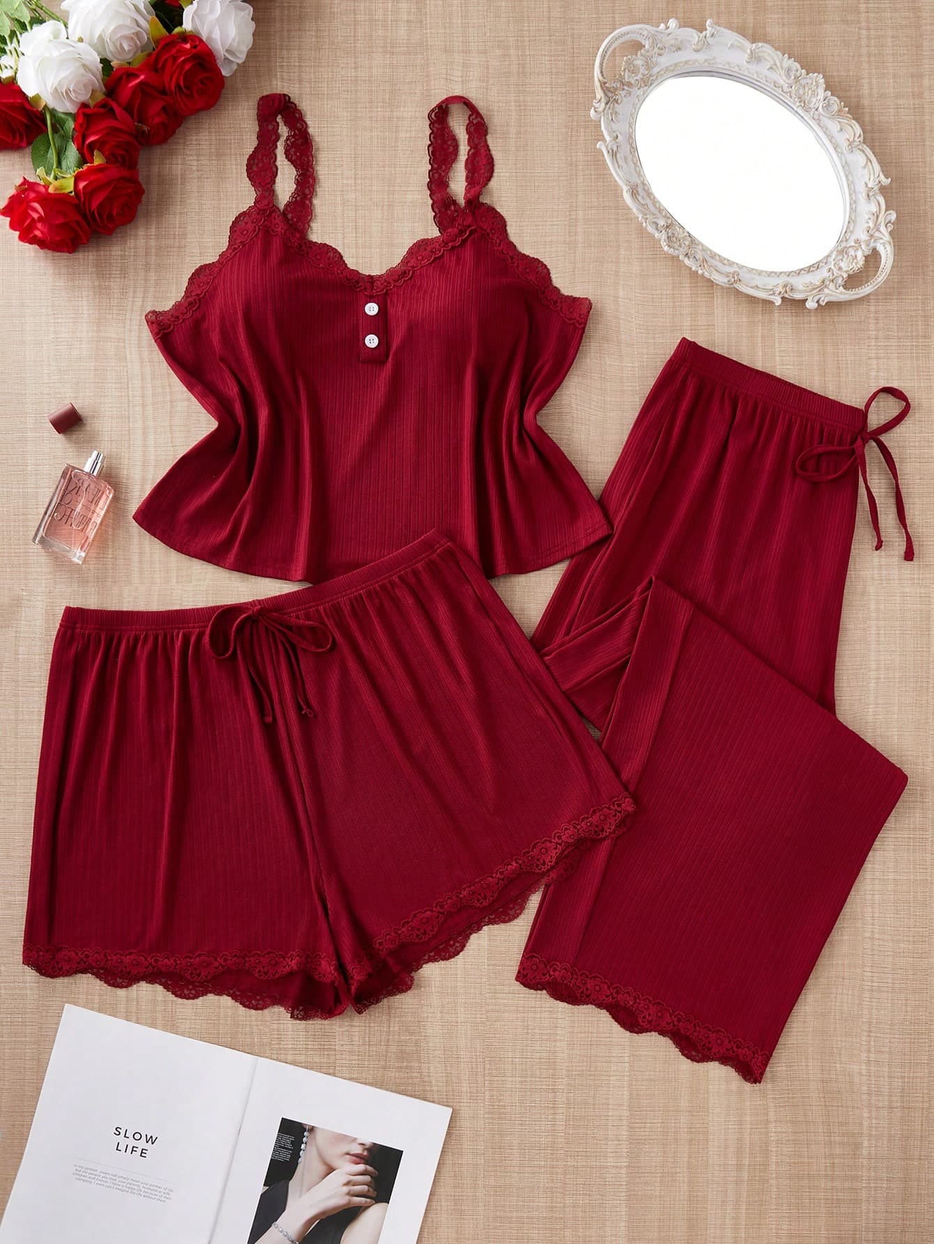 SHEIN Plus Size 3pcs Plain Color Lace Camisole Pajama Set, Simple & Fashionable, Suitable For Summer, Outfits