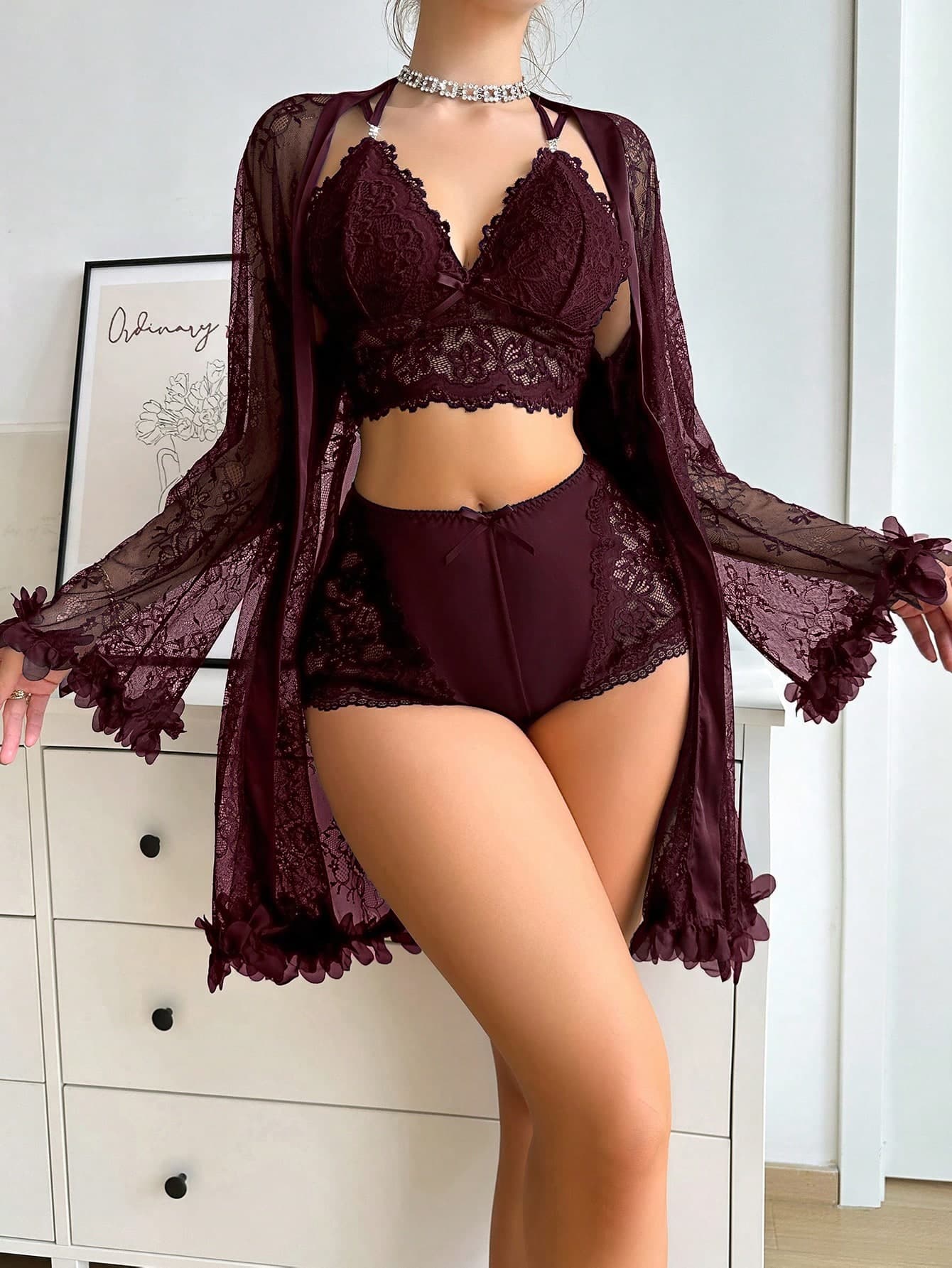 Slumberist Women Floral Lace Cami Top And Shorts Pajama Set With Long Sleeve Robe