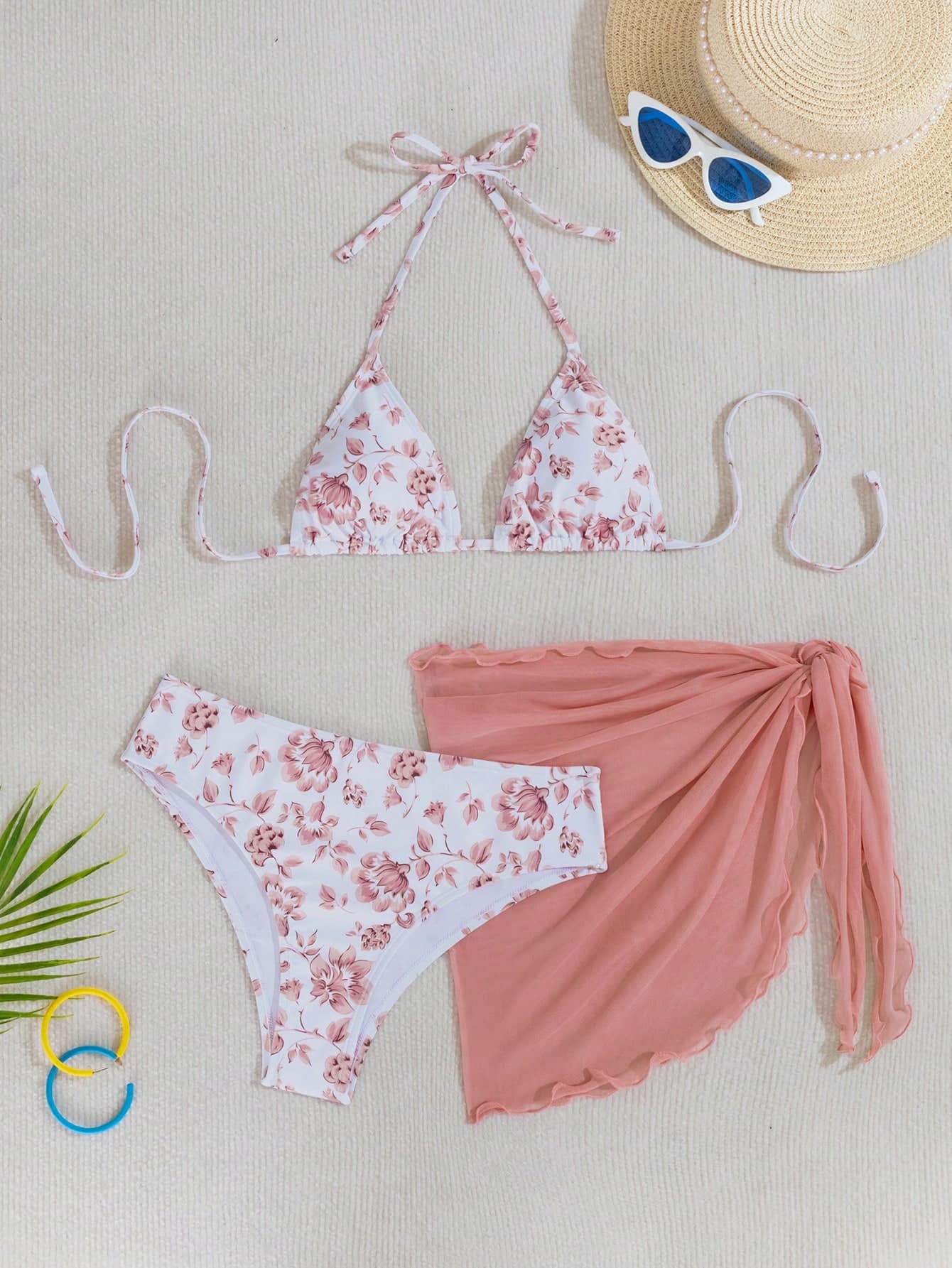 Swim Mod Summer Beach Women's Vacation Floral Print Halter Neck Tie Sexy Bikini Set With Cover-Up Skirt , Random Printed, 3pcs
