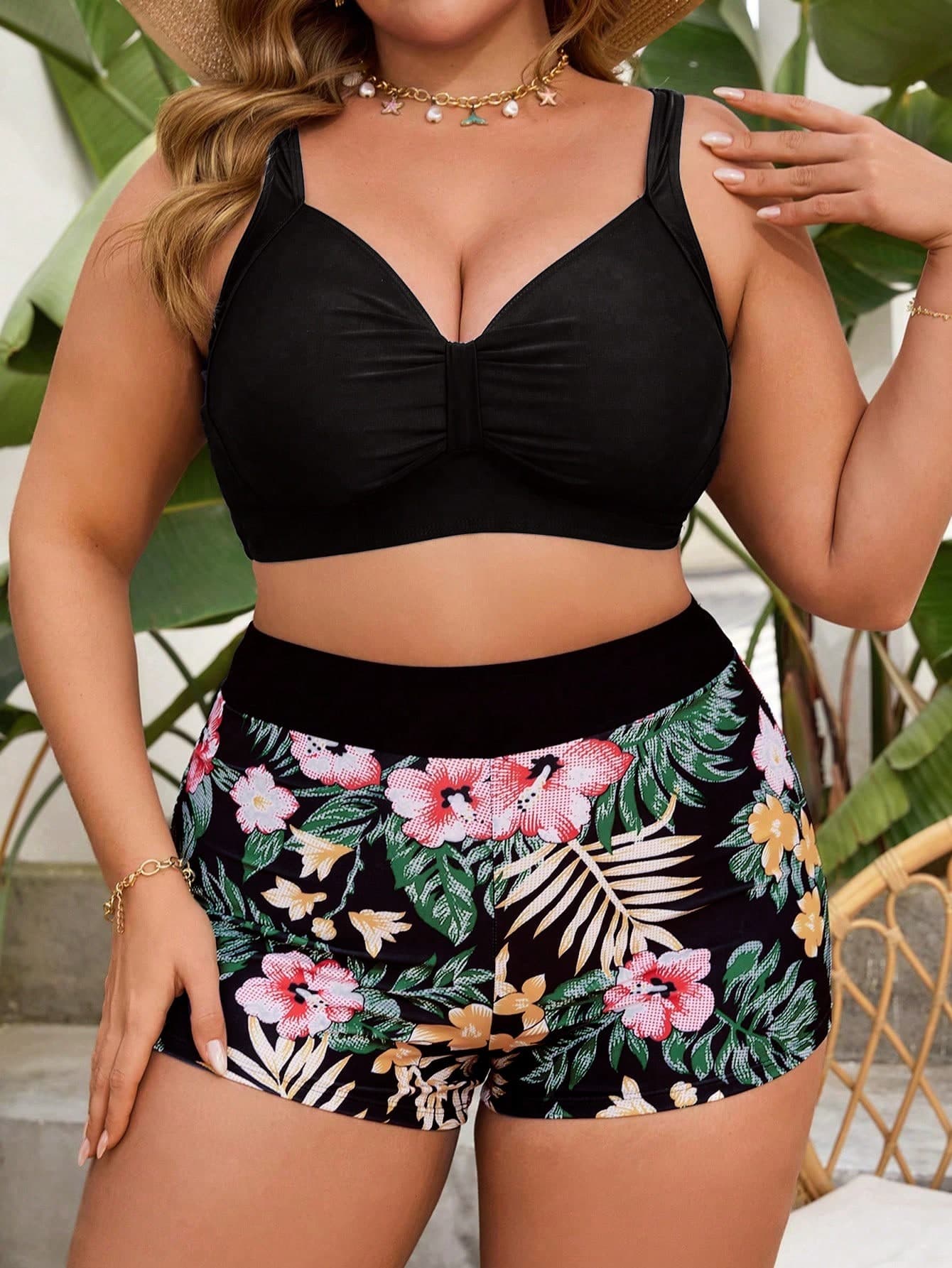 Swim Lushoire Plus Size 2pcs Spaghetti Strap V-Neck Push Up Drawstring Black Tankini Swimwear Set With Shorts,Summer Boho Beach Holiday Pool Vacation Swimsuit