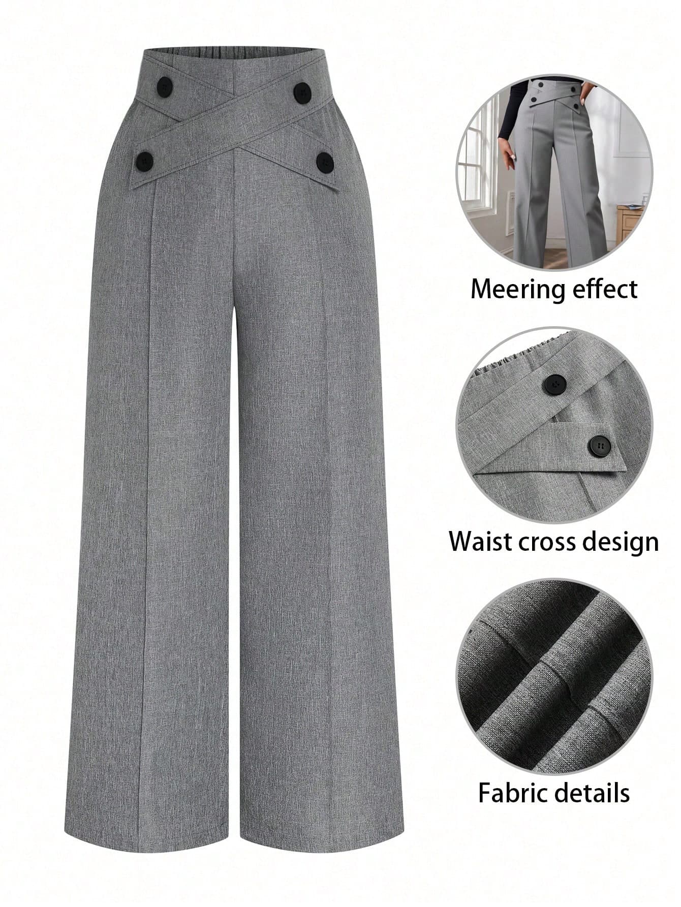 Calvaya Plus Size Women Button Decorated Waist Crossed Front Seam Long Wide Leg Casual Pants Fall Cloth For Women