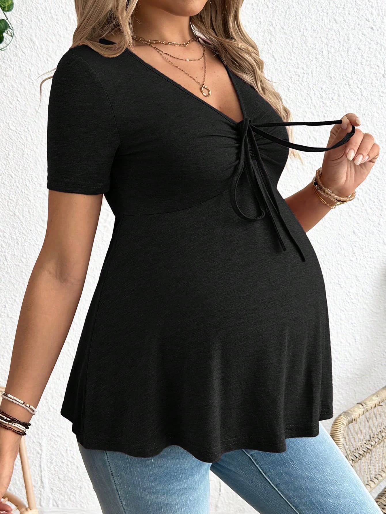 SHEIN Maternity V-Neck Short Sleeve Solid-Color T-Shirt, Simple And Fashionable For Summer Black World Cup Fall
