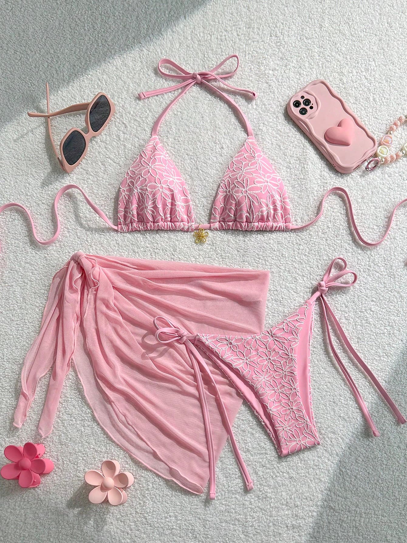 Swim Mod 3pcs/Set Pink Cute Summer Beach Party Holiday Holiday,Floral Textured Fabric Gold Flower Decor Halter Top,Side Tie Swim Shorts & Mesh Mini Skirt