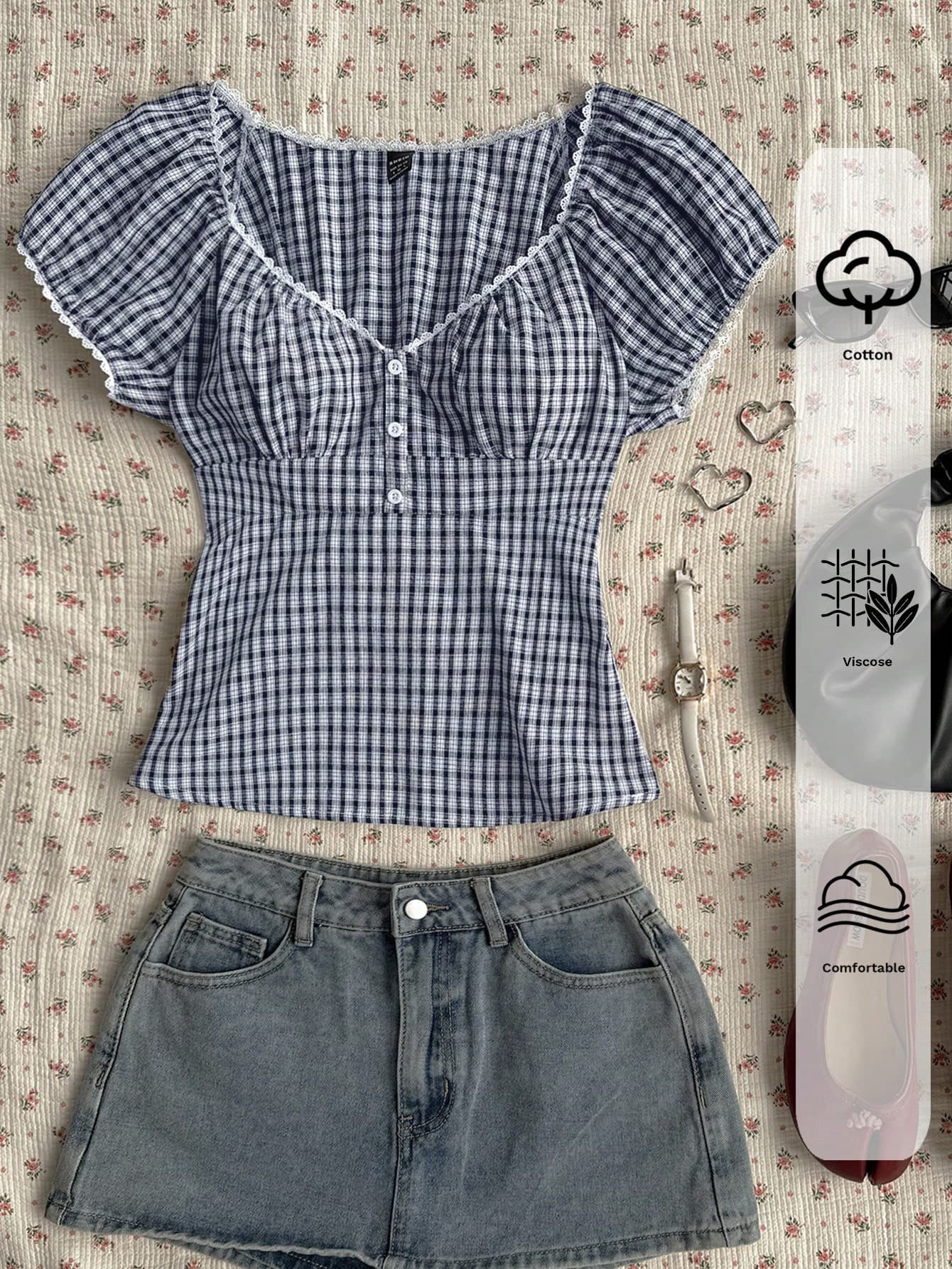 SHEIN EZwear Navy & White Plaid Casual Plus Size Shirt, Fashionable For Summer
