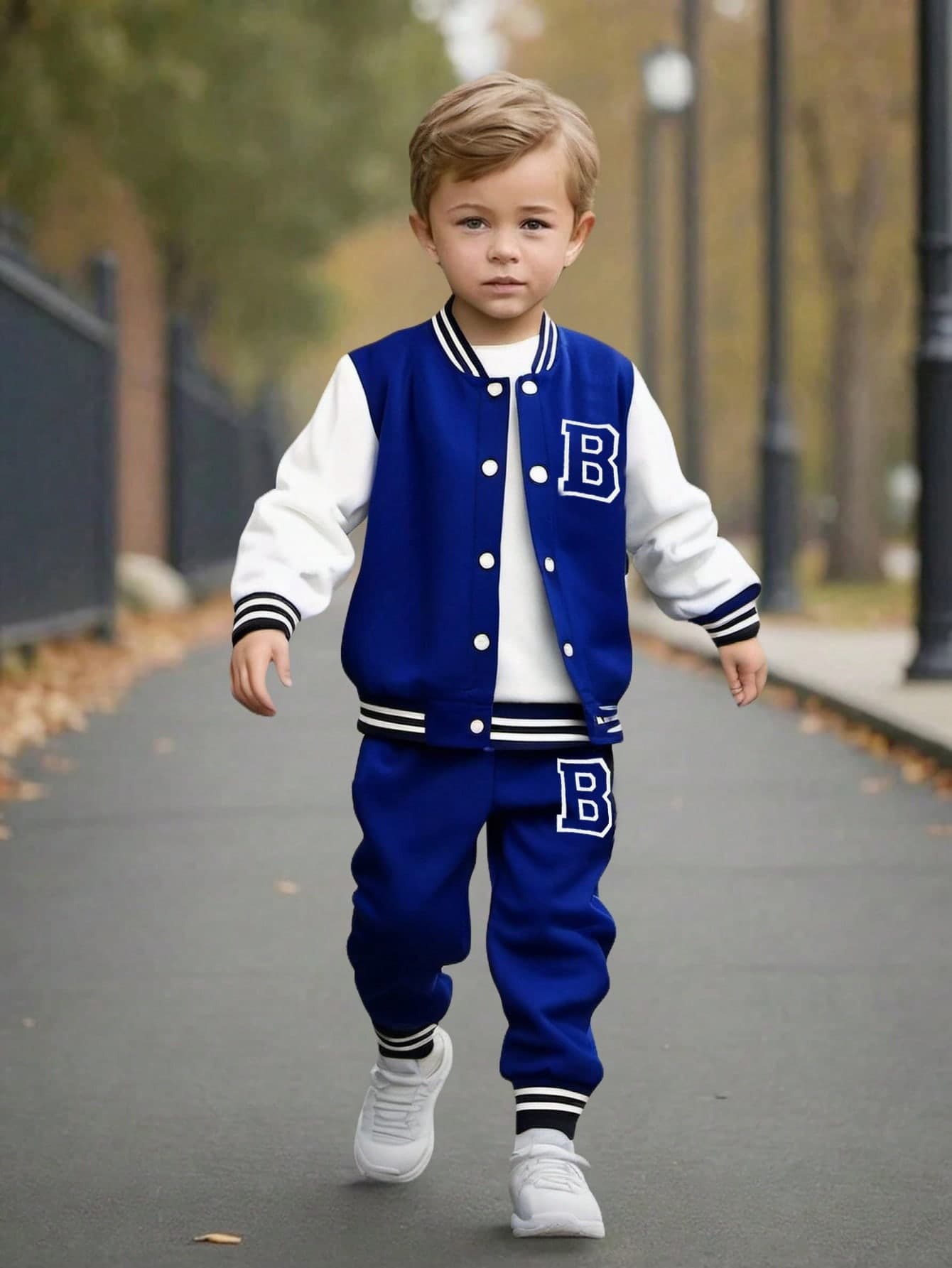 SHEIN Explorewe 2pcs/Set Young Boy Collegiate Style Outfit,Letter Print Knit Top&Sports Pants,Back-To-School Career Day Autumn Casual School Wear Sportswear Set