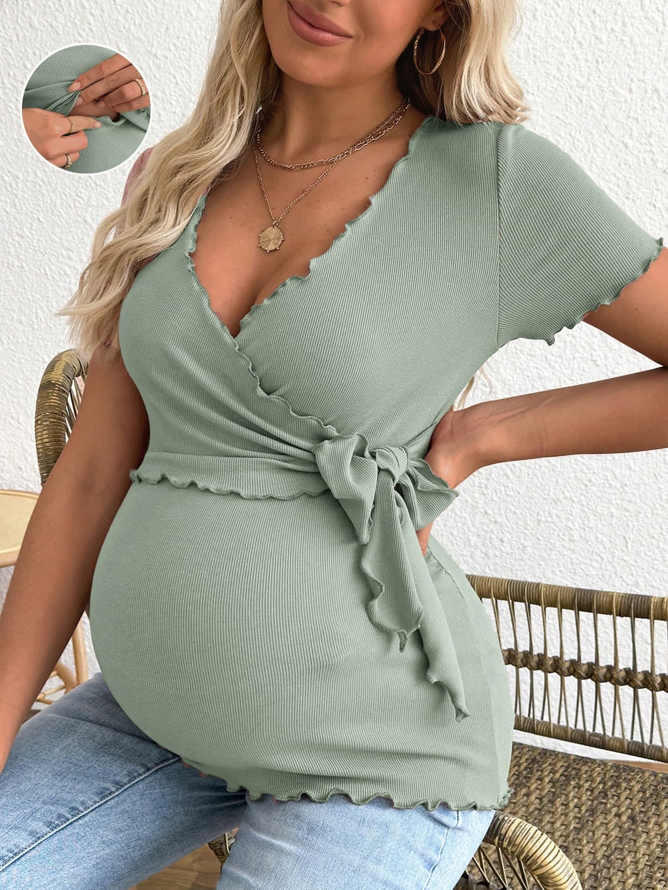 SHEIN Maternity Solid Color Short Sleeve V-Neck T-Shirt, Simple & Fashionable, Suitable For Summer Fall