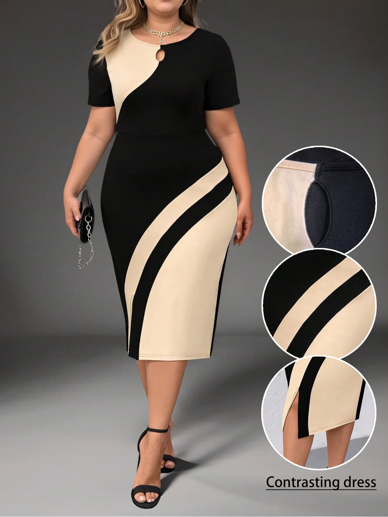 SHEIN Clasi Plus Size Women's Color Block Simple Daily Short Sleeve Dress
