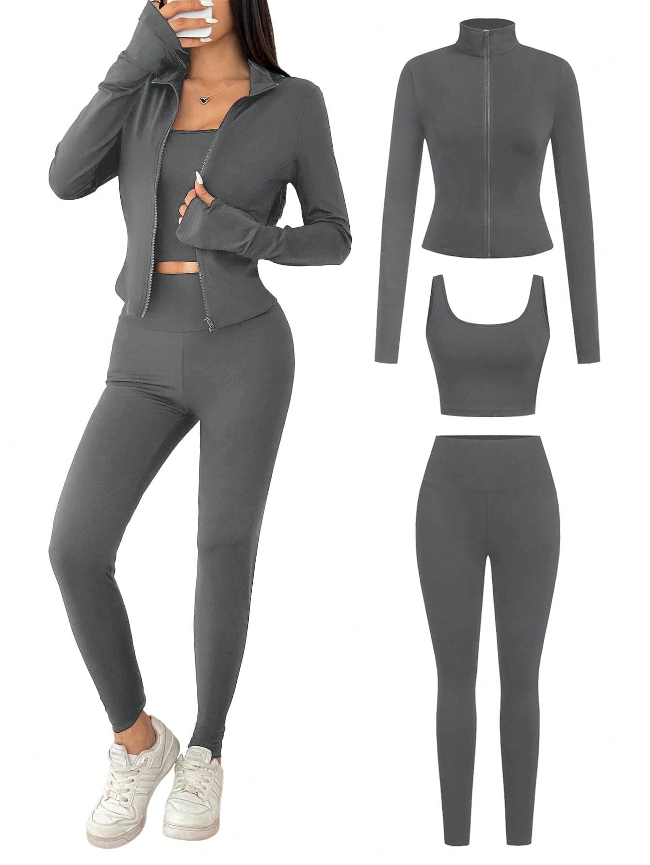 SHEIN EZwear Grey Knit Jacket, Vest And Leggings 3pcs/Set Women Sportswear Set