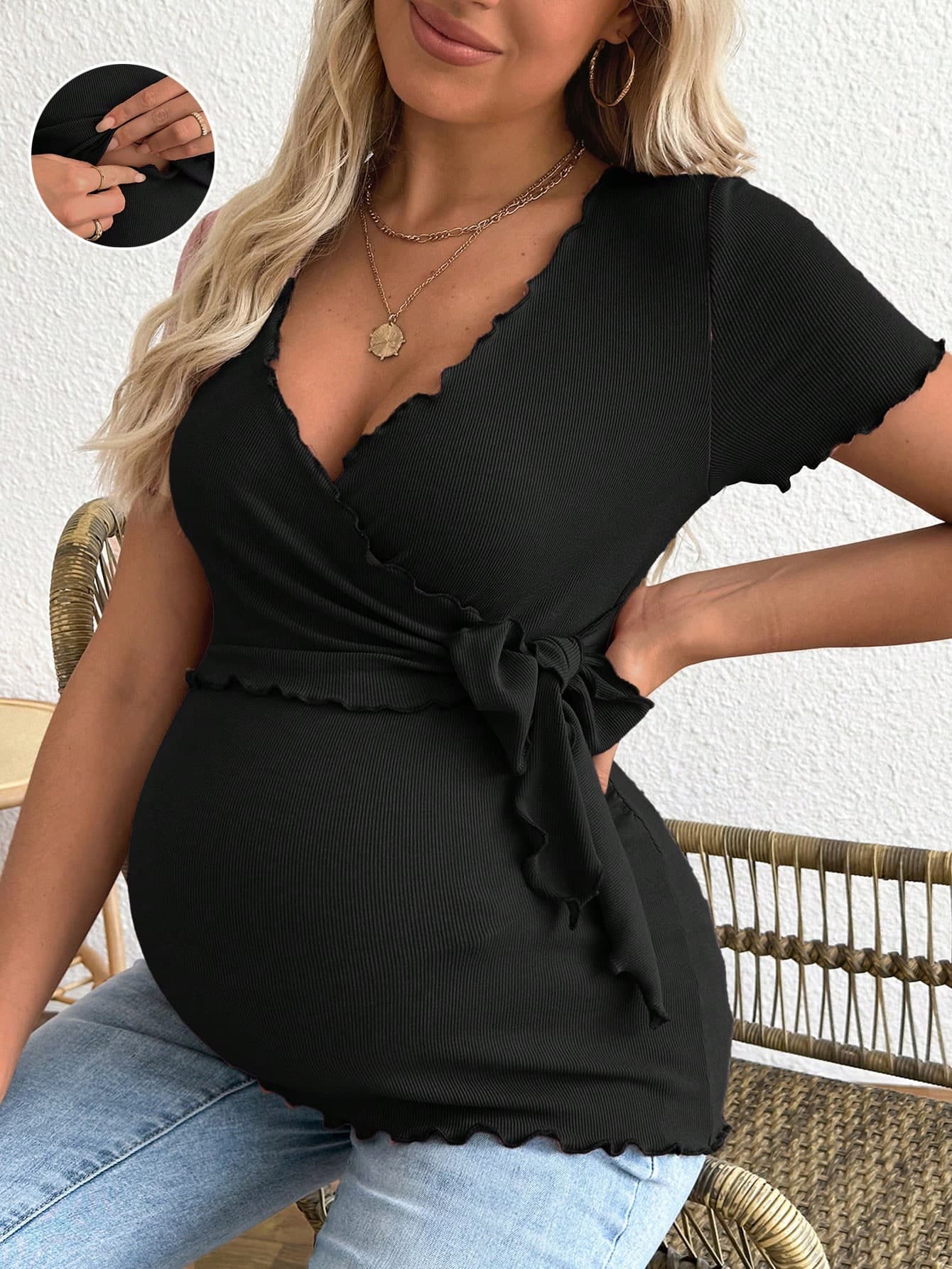 SHEIN Pregnant Women Plain Color Wrap Knotted Short Sleeve Casual Nursing Function T-Shirt World Cup Fall