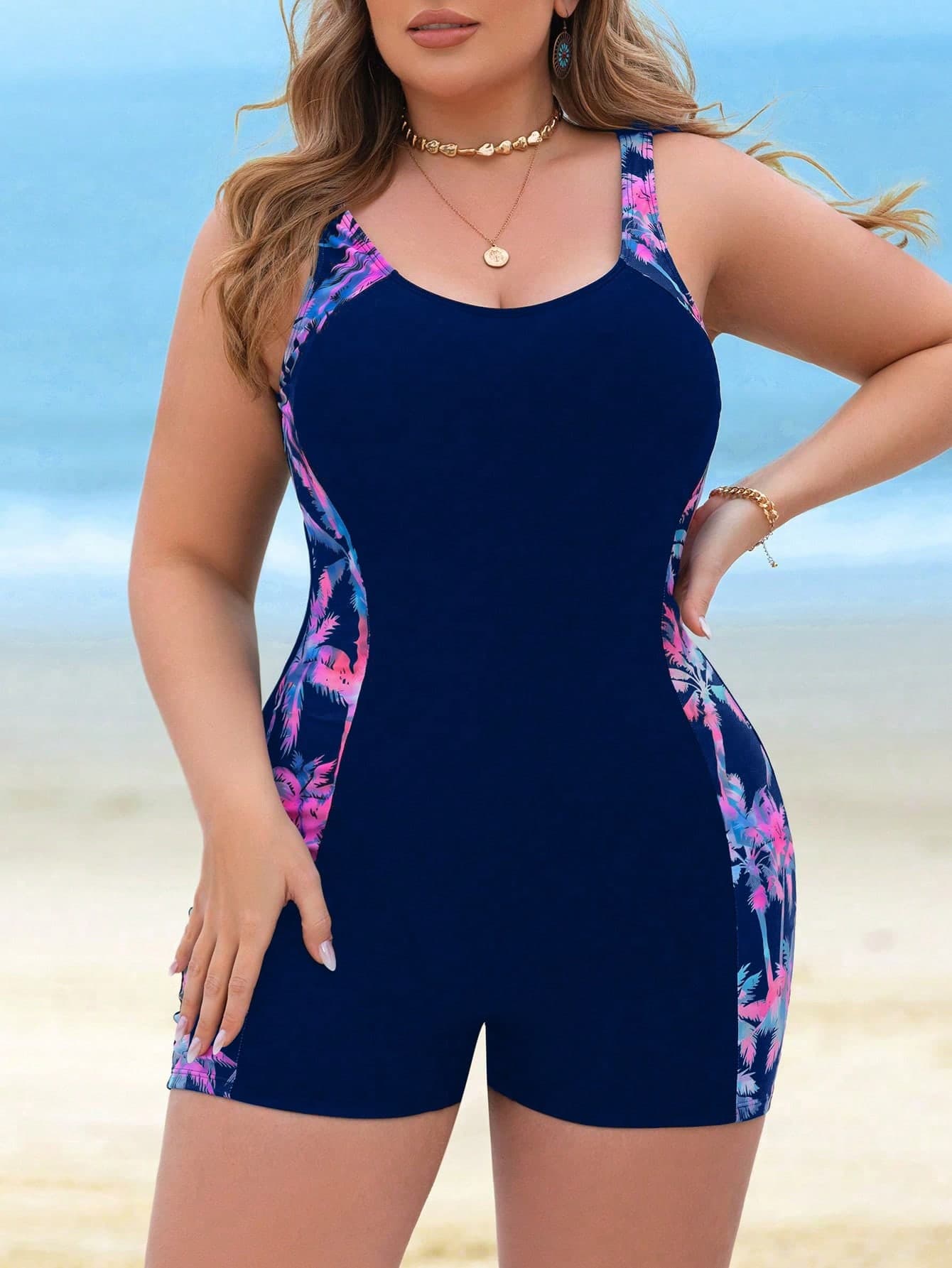 Swim Lushoire Plus Size Women's Navy Blue One-Piece Swimsuit,Random Coconut Tree Print, Adjustable Straps, Waist Cinching,Summer Beach Vacation Holiday