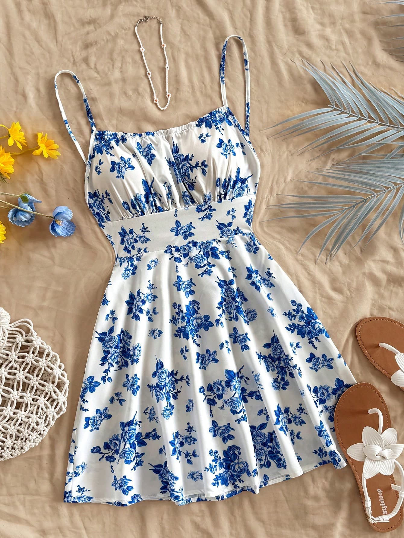 Soleia Ladies Holiday Blue & White Floral Print Open Back Spaghetti Strap A-Line Mini Dress, Suitable For Autumn/Winter Under Layer & Party Wear,Sun Dress