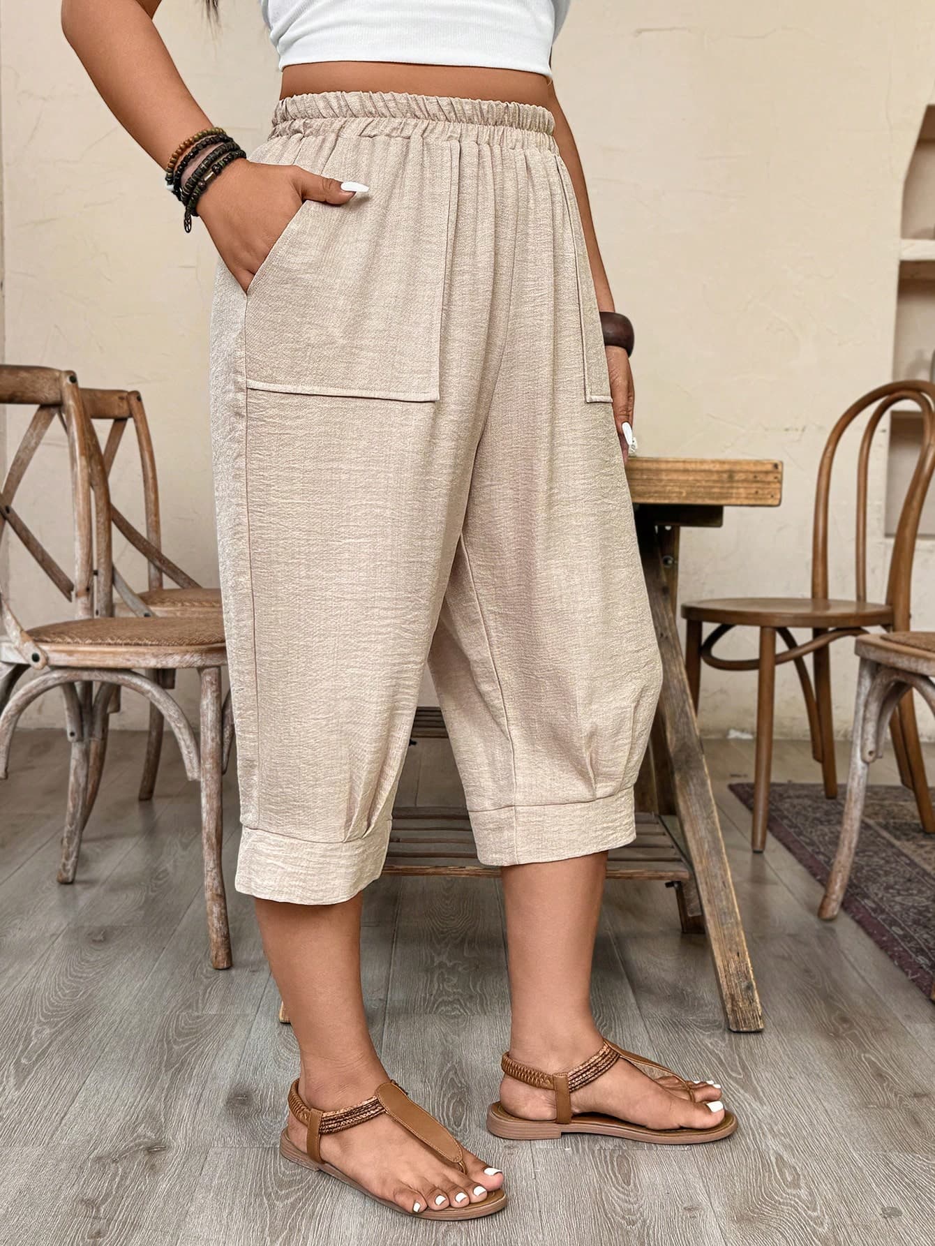 Weeklong Plus SizeCasual Imitation Linen Cropped Pants BASICS