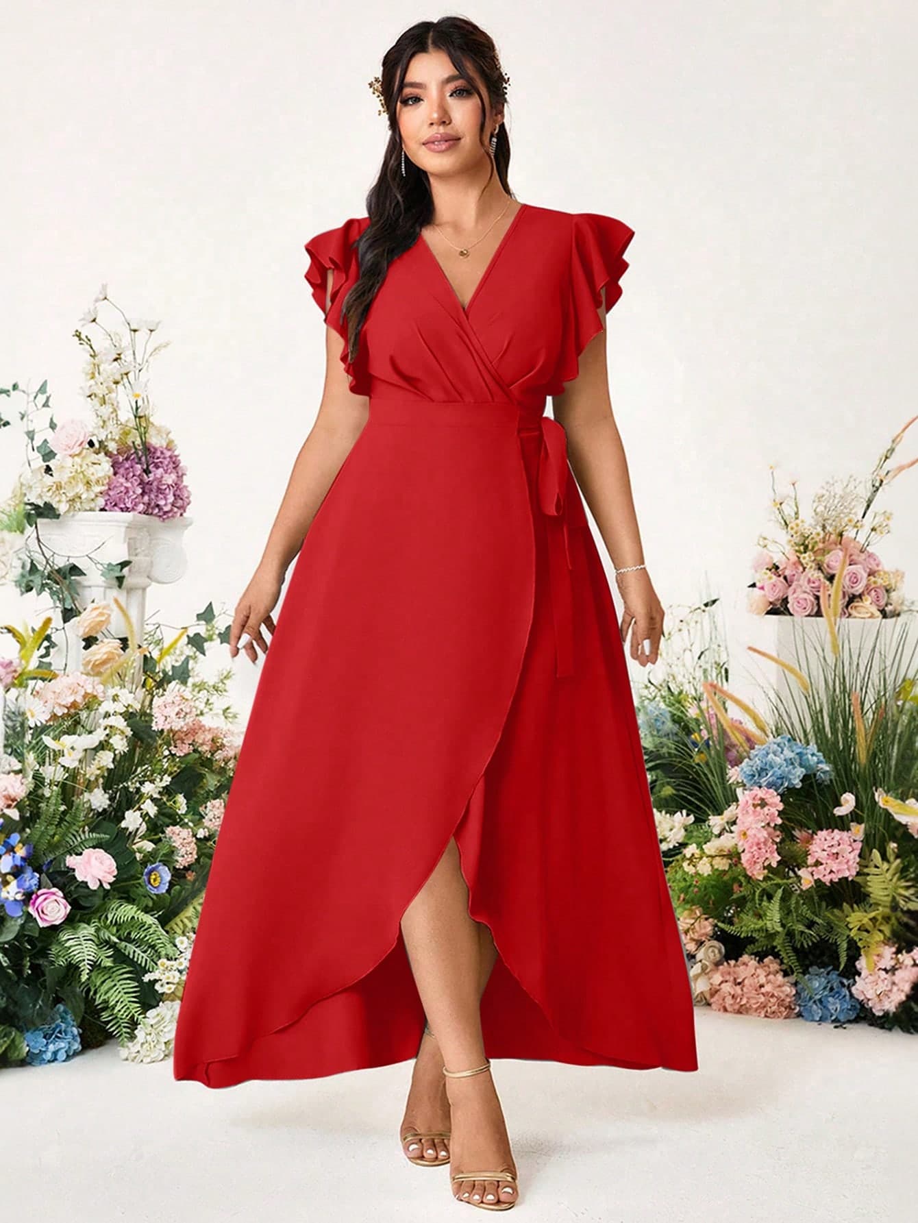 Cravure Plus Size Elegant Romantic Wedding Solid Color Cross V-Neck Side Tie Sleeve Ruffle Dress