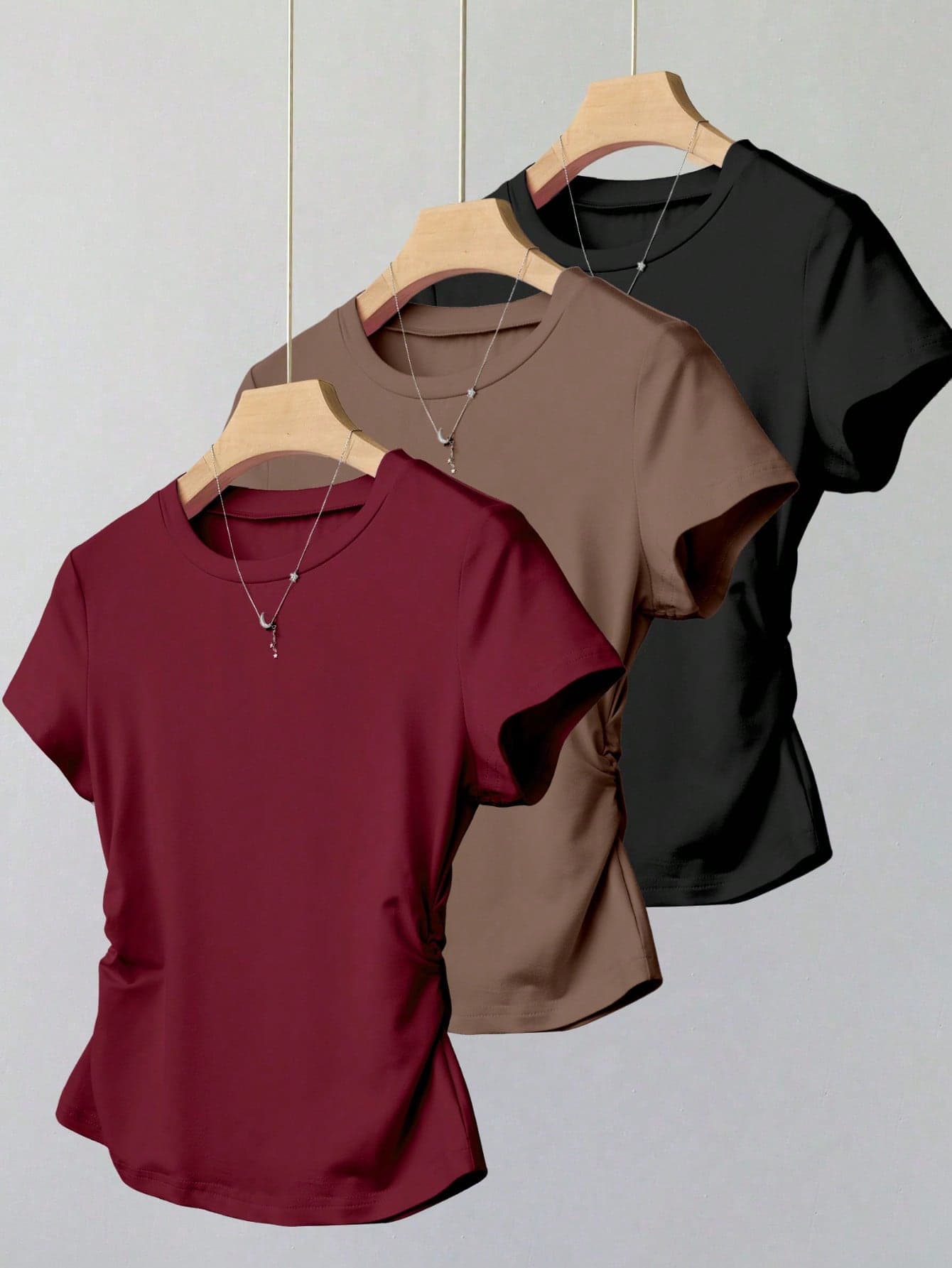 Teenage Girls 3-Piece Casual Solid Minimalist Matching Set, Includes Waist Cinch Short Sleeve T-Shirt, School, Campus, College