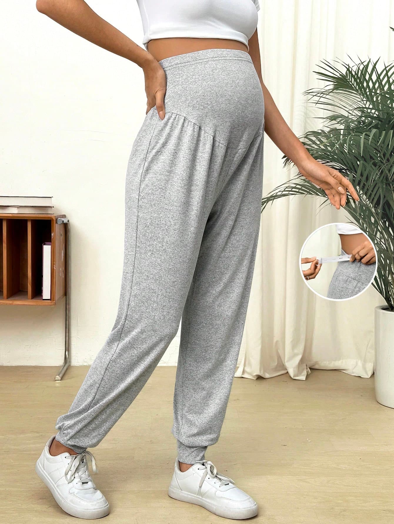 SHEIN Long Maternity Solid Color Adjustable Waist Casual Pants Fall
