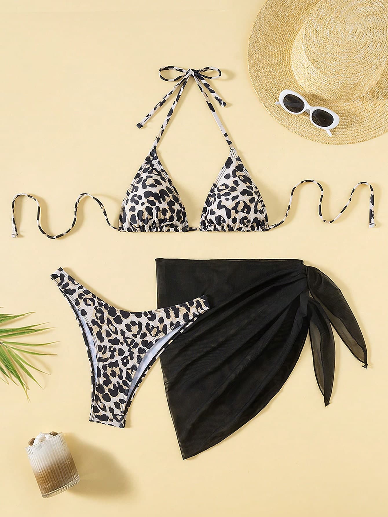 Swim Vcay 3pcs Women's Halter Triangle Bra And Side Tie Triangle Bikini Swimsuit Set For Summer Beach Vacation