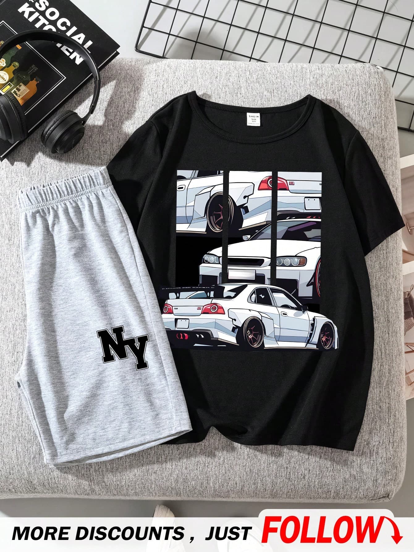 SHEIN Tween Boy Casual Simple Car Pattern Round Neck Short Sleeve T-Shirt And Letter Print Shorts Suit For Summer