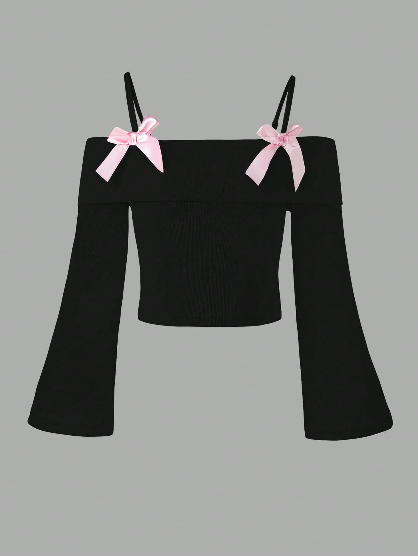 Elladie kids Tween Girls Long-Sleeved Top With Suspenders,Off-The-Shoulder Bowknot Design,Pink And Black Polka Dot,Summer,Cute,Holiday,Party Fashionable Elegant