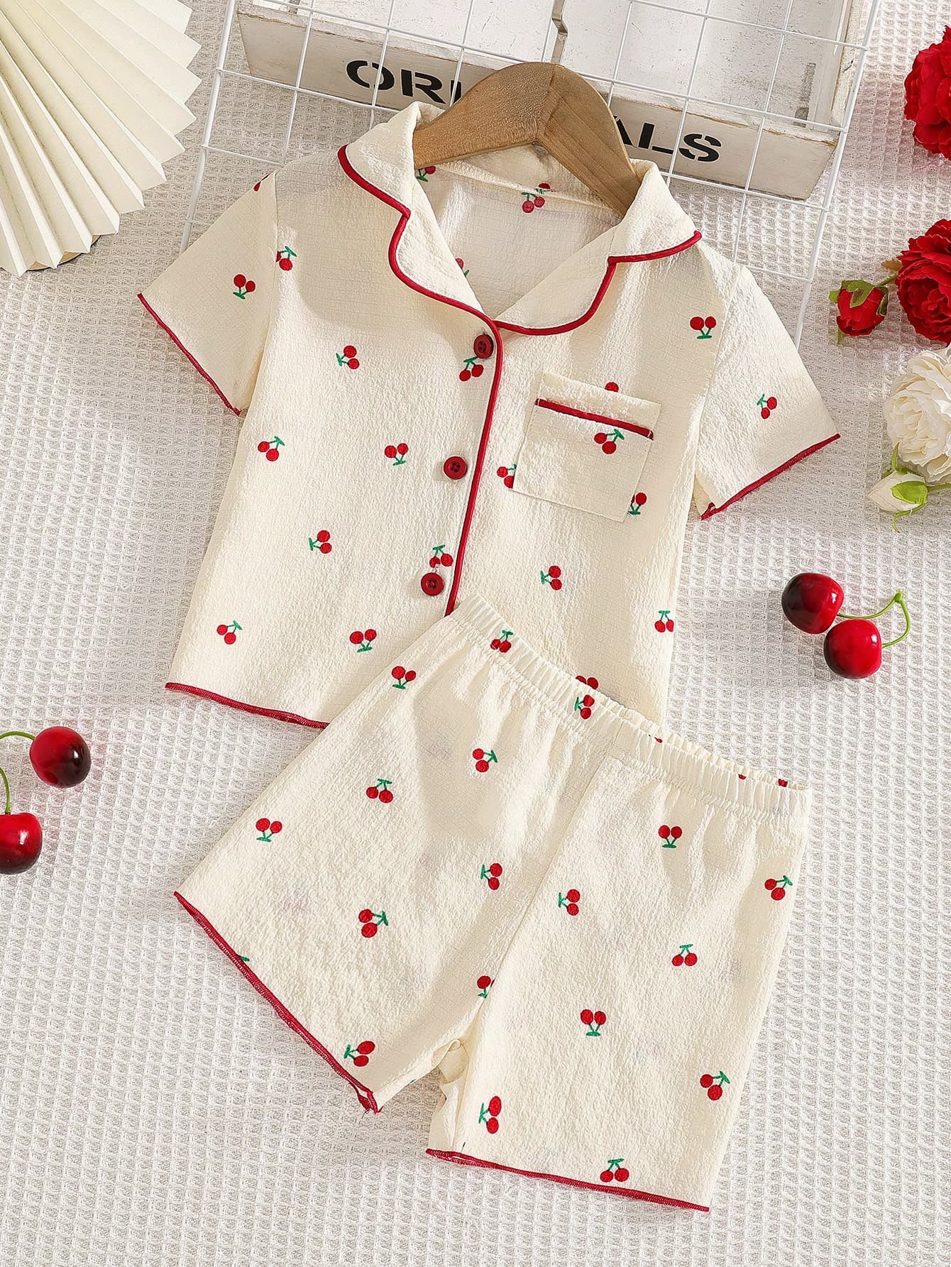 Elladie kids Baby Girls 2pcs Pajama Set, Cute Cherry Print Short Sleeve Shirt And Shorts, Comfortable And Fashionable