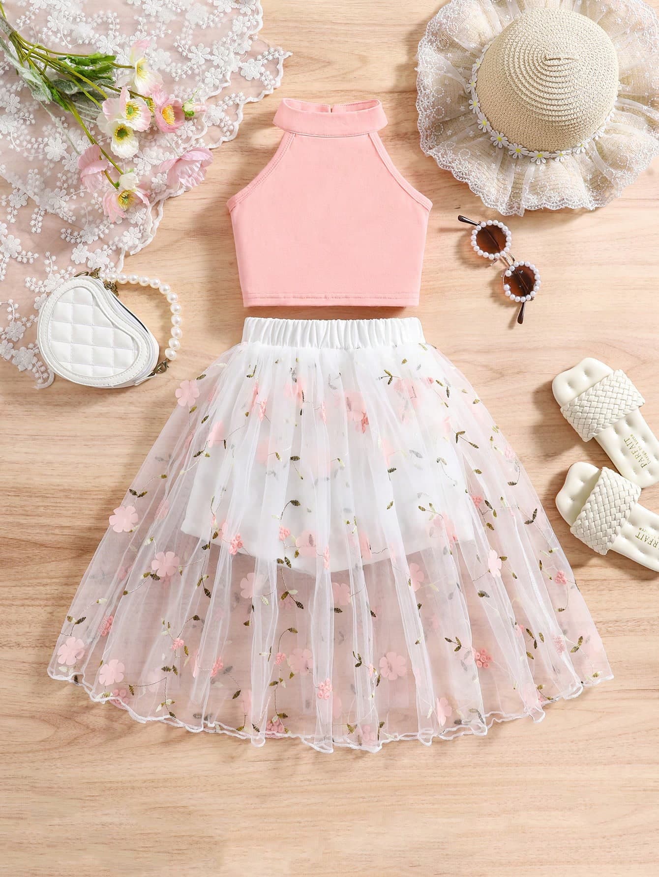 SHEIN Glamorique Kids 2pcs Young Girl Spring/Autumn Stylish Casual Vacation Sleeveless Top And Floral Net Skort Set Girls Outfit Sets