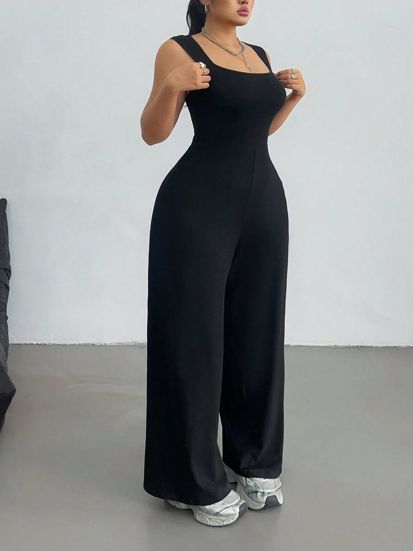 POPSWAY Plus Size Women's Black Solid Color Elegant Loose Casual Square Neck Sleeveless Wide Leg Jumpsuit,Autumn Smart Casual Everyday Spring/Summer Sports