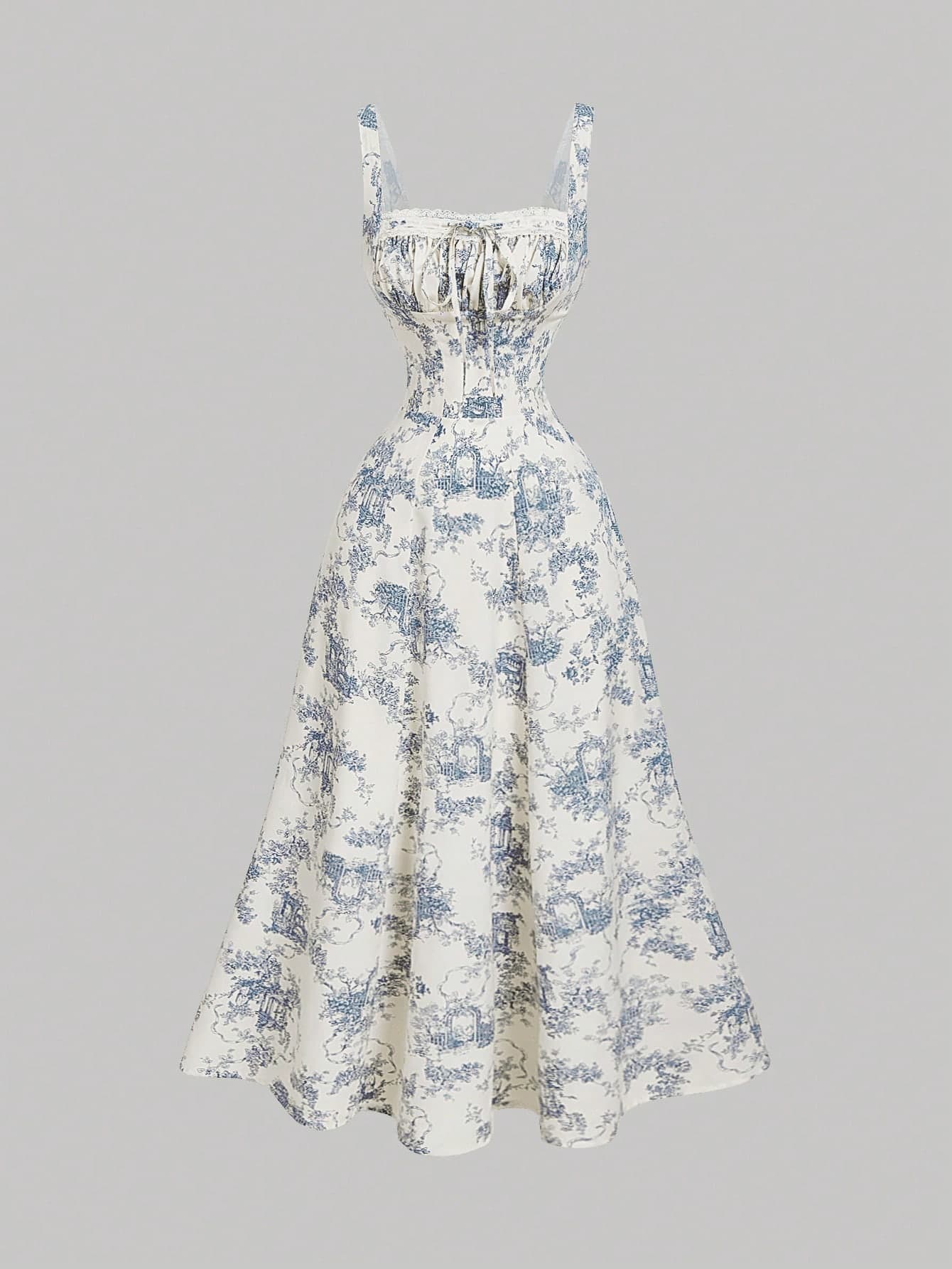 SHEIN MOD Women's Summer White And Blue Floral Cottage Core Picnic Dress,Vintage Toile Print Milkmaid Corset Midi Dress,Lace Trim Bustier,Wedding Guest Party